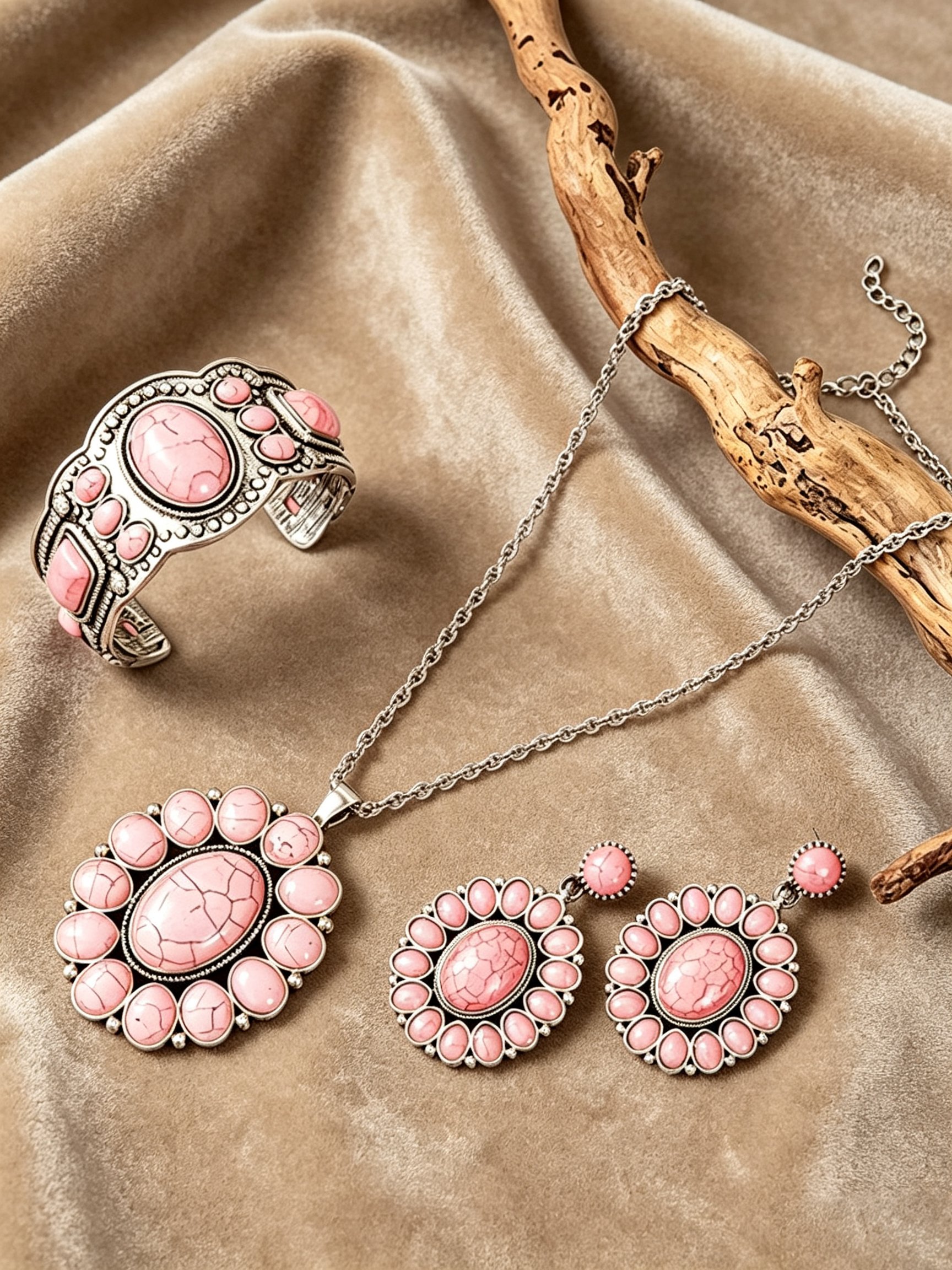 Pink Gemstone Earrings, Bracelet and Pendant Necklace Set