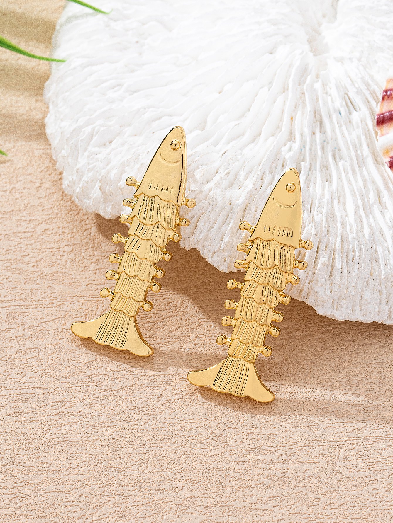 Gold Fishbone Stud Earrings for Women - Casual and Unique Design