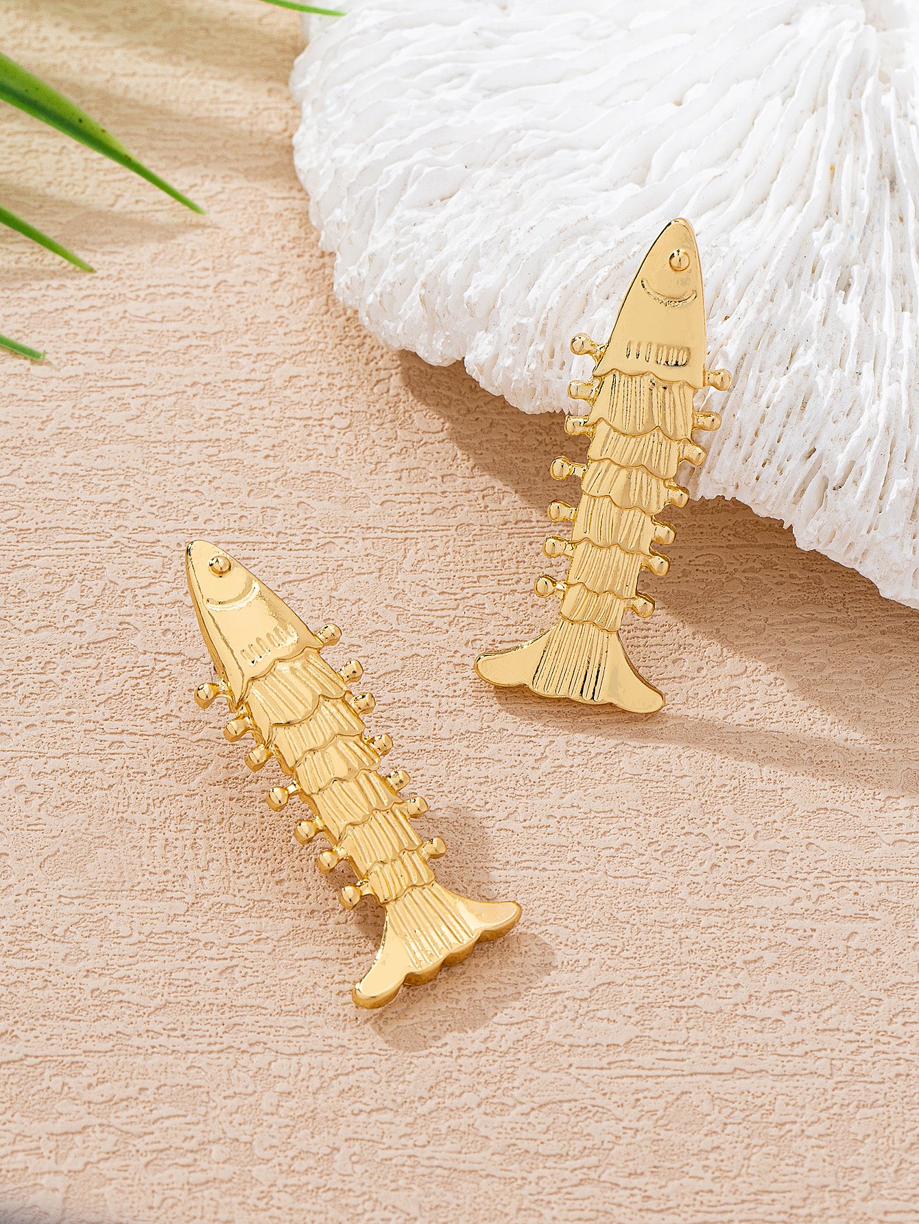 Gold Fishbone Stud Earrings for Women - Casual and Unique Design