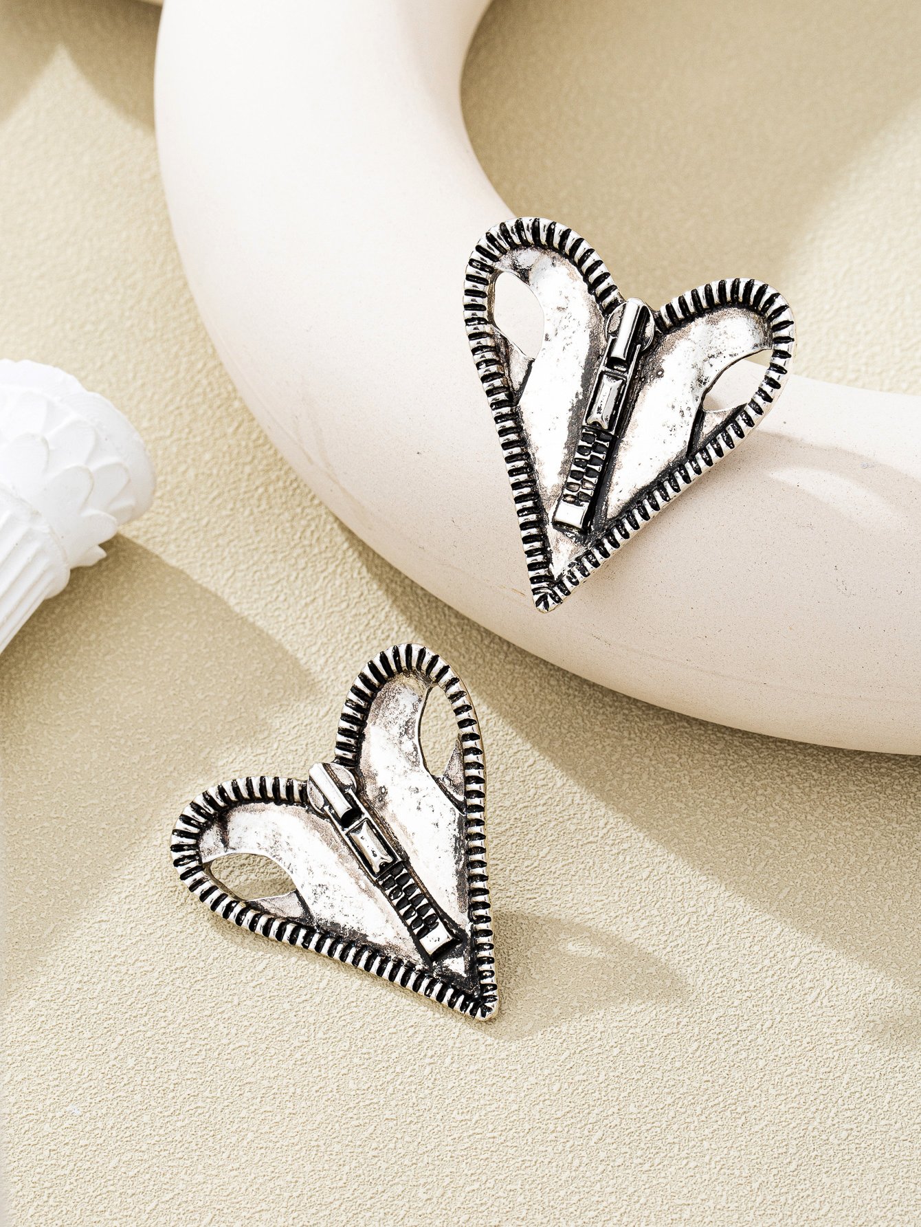 Heart Zipper Stud Earrings - Gold Tone Casual Accessory