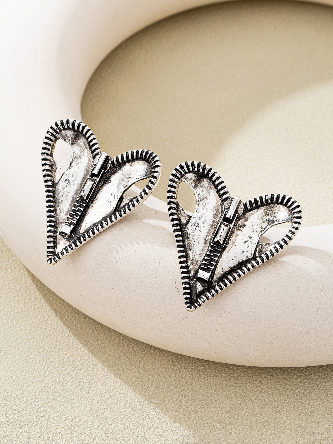 Heart Zipper Stud Earrings - Gold Tone Casual Accessory