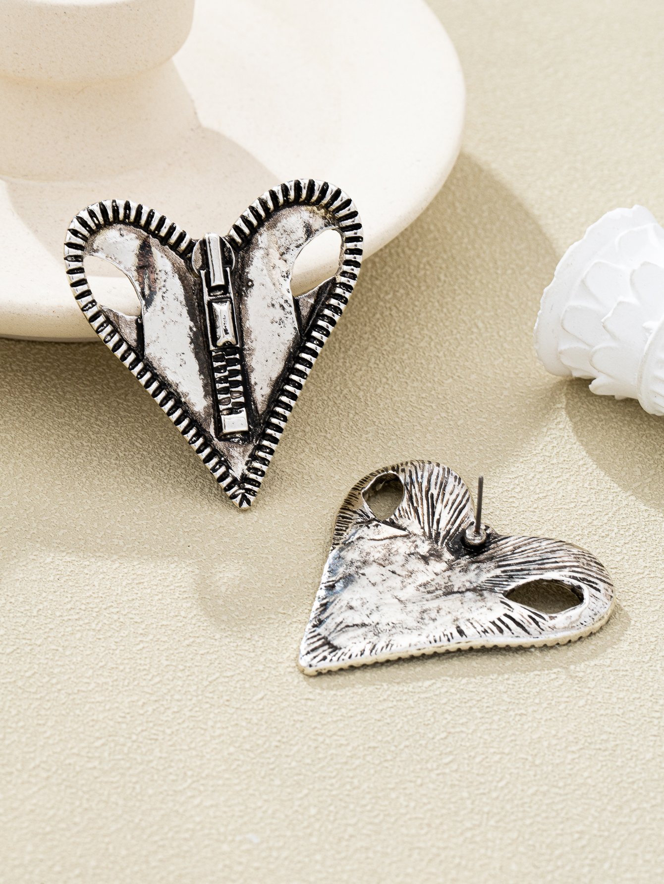 Heart Zipper Stud Earrings - Gold Tone Casual Accessory