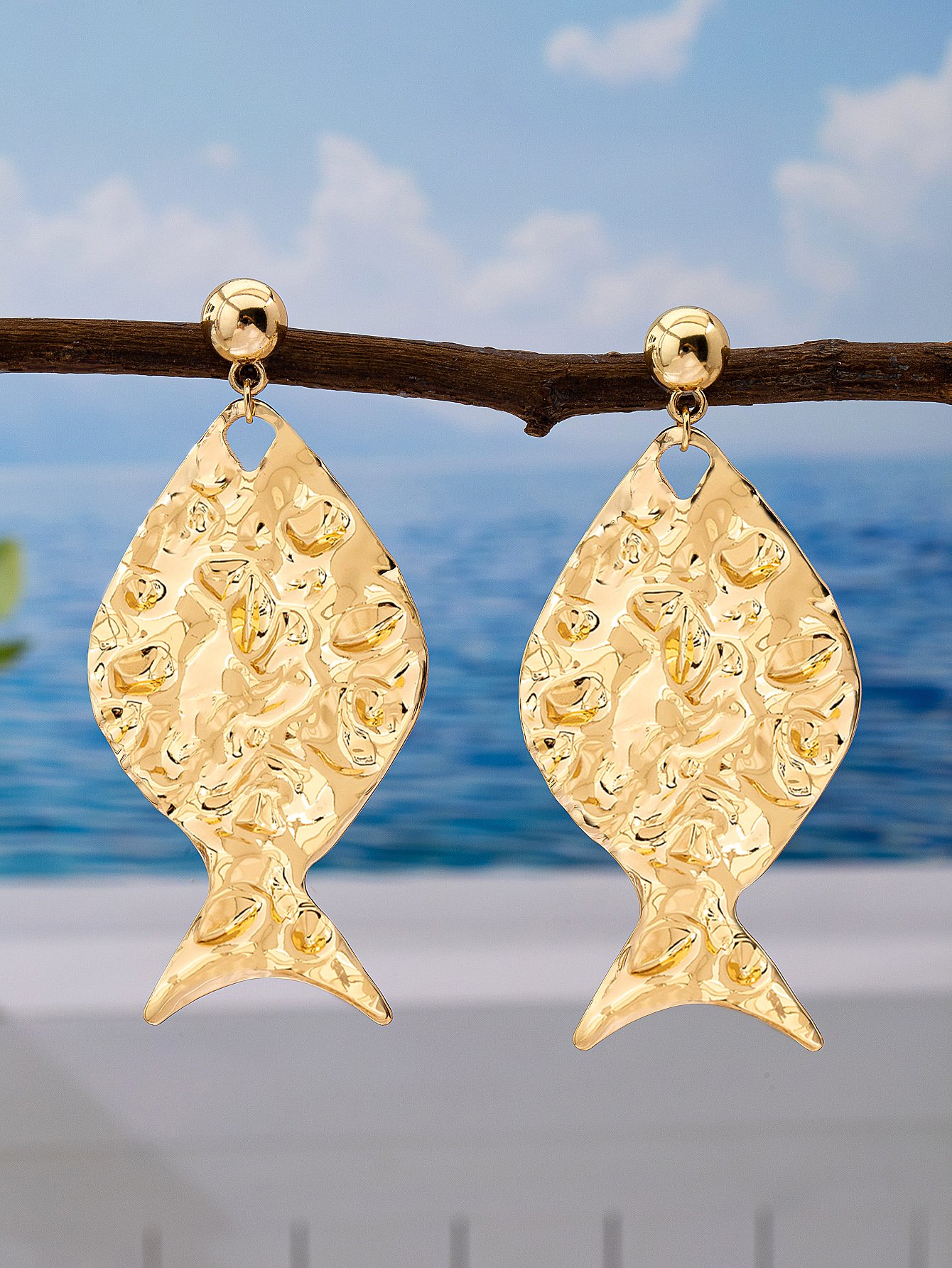 Gold Textured Fish Drop Earrings for Women - Casual Statement Jewelry