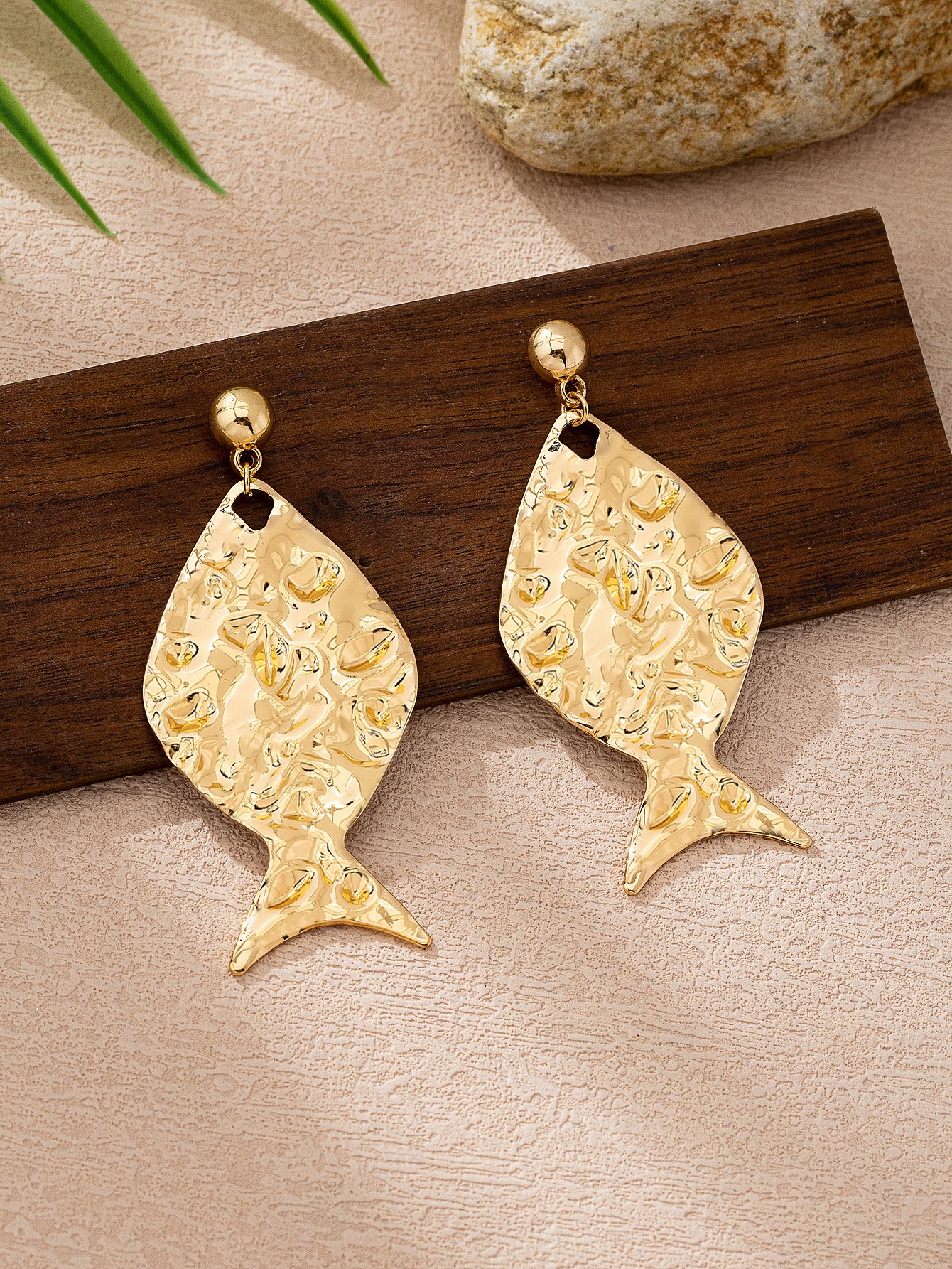 Gold Textured Fish Drop Earrings for Women - Casual Statement Jewelry