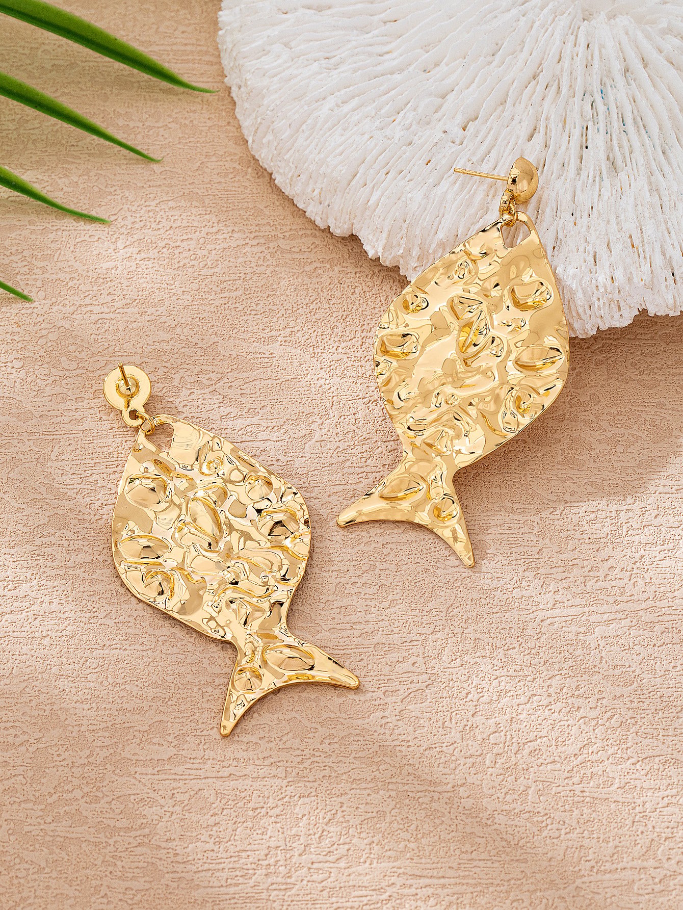 Gold Textured Fish Drop Earrings for Women - Casual Statement Jewelry