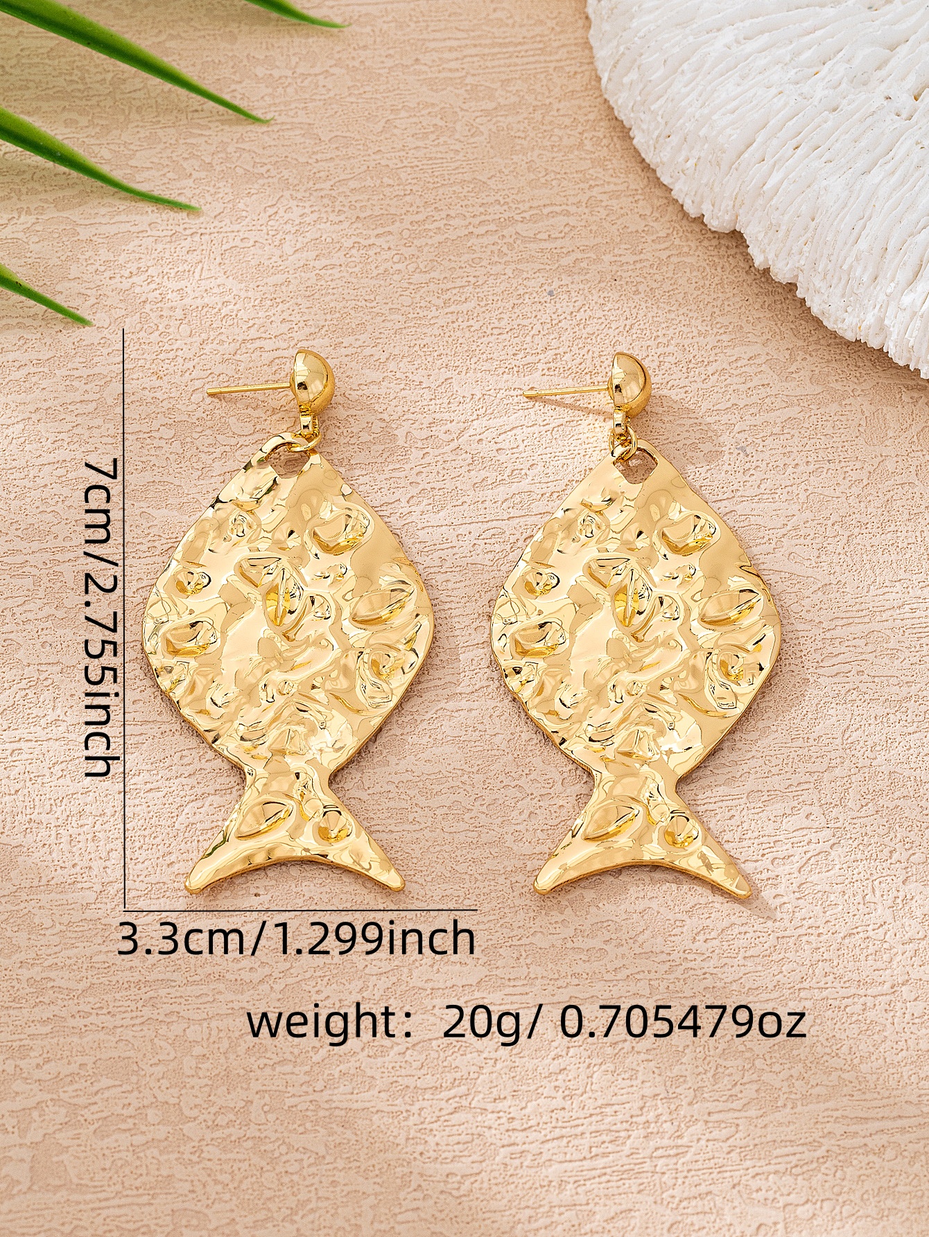Gold Textured Fish Drop Earrings for Women - Casual Statement Jewelry