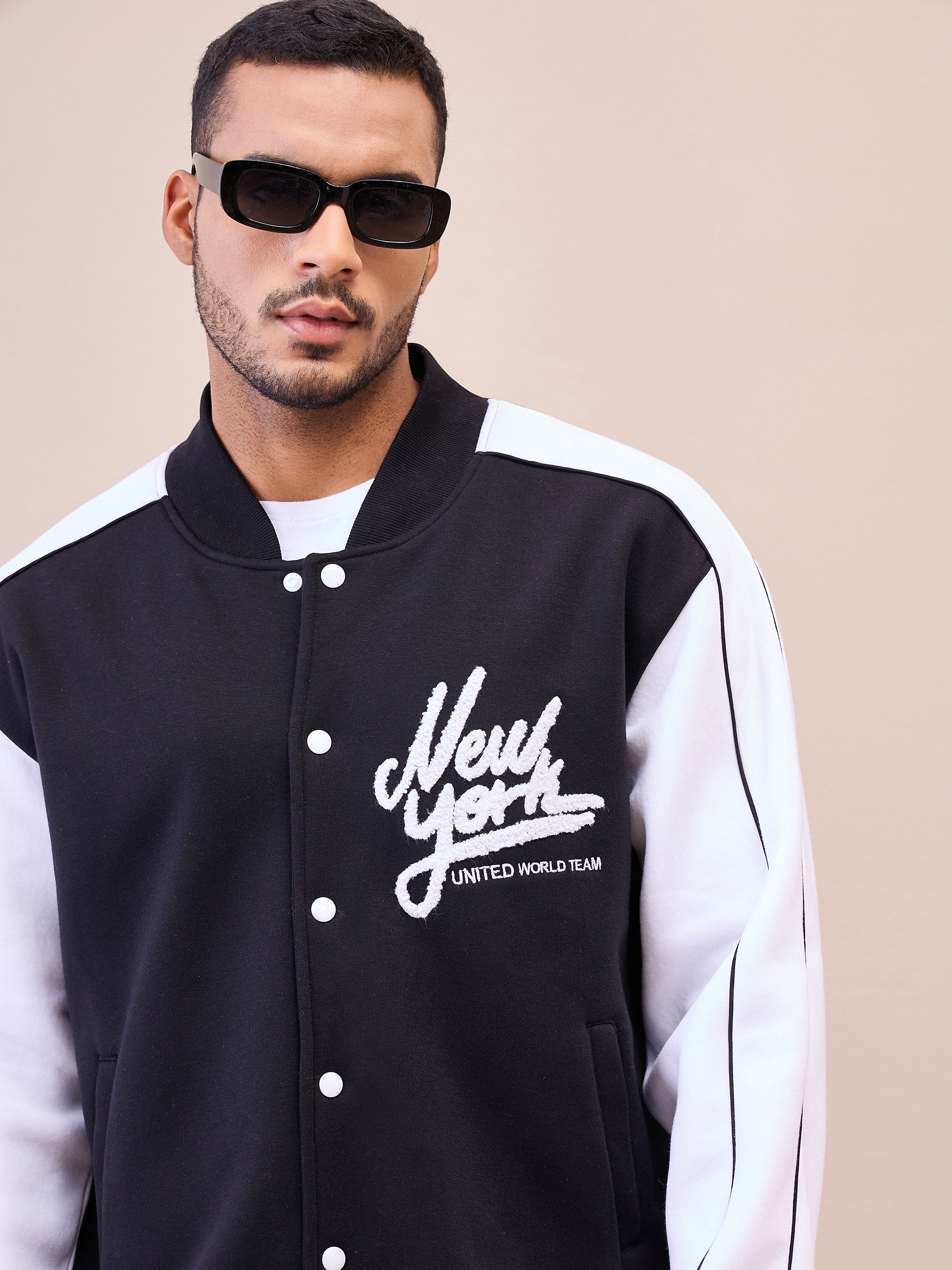 Varsity Jacket: Black and White Embroidered Button-Up