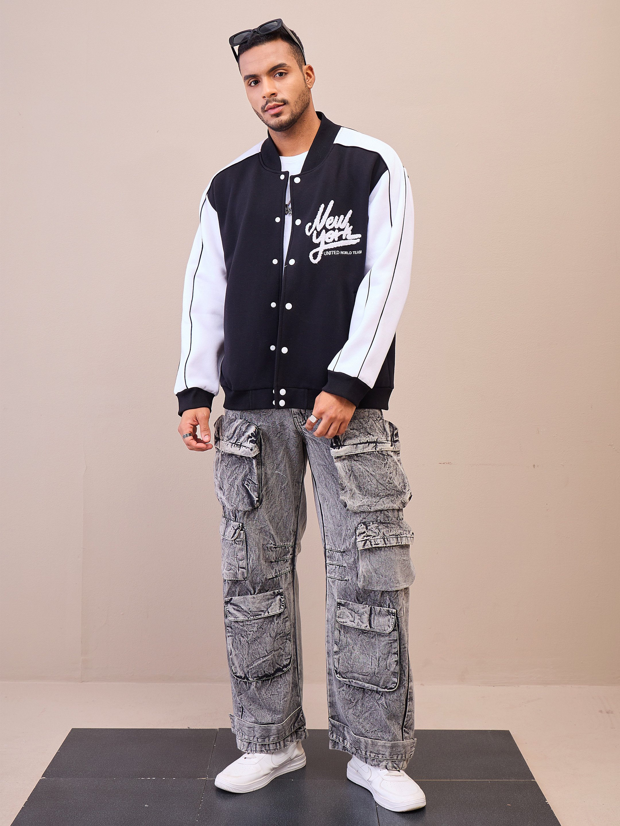 Varsity Jacket: Black and White Embroidered Button-Up