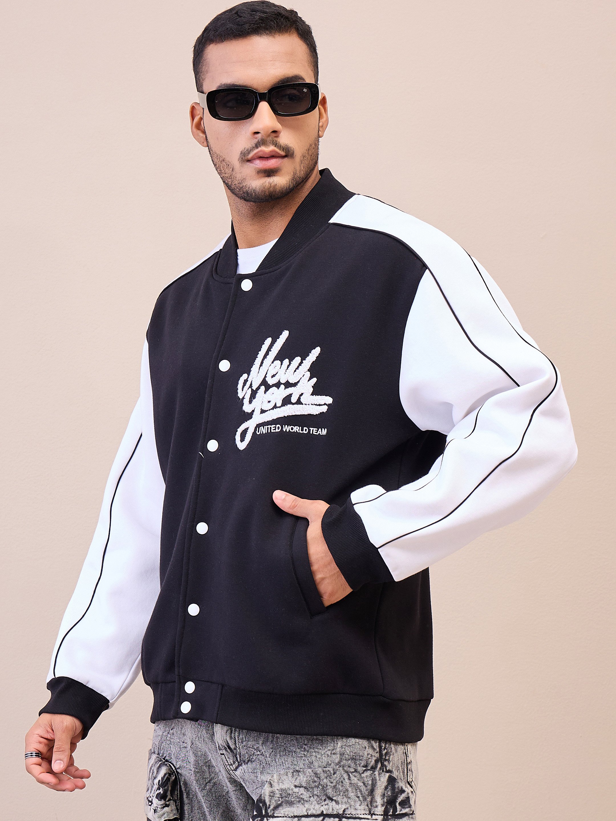 Varsity Jacket: Black and White Embroidered Button-Up