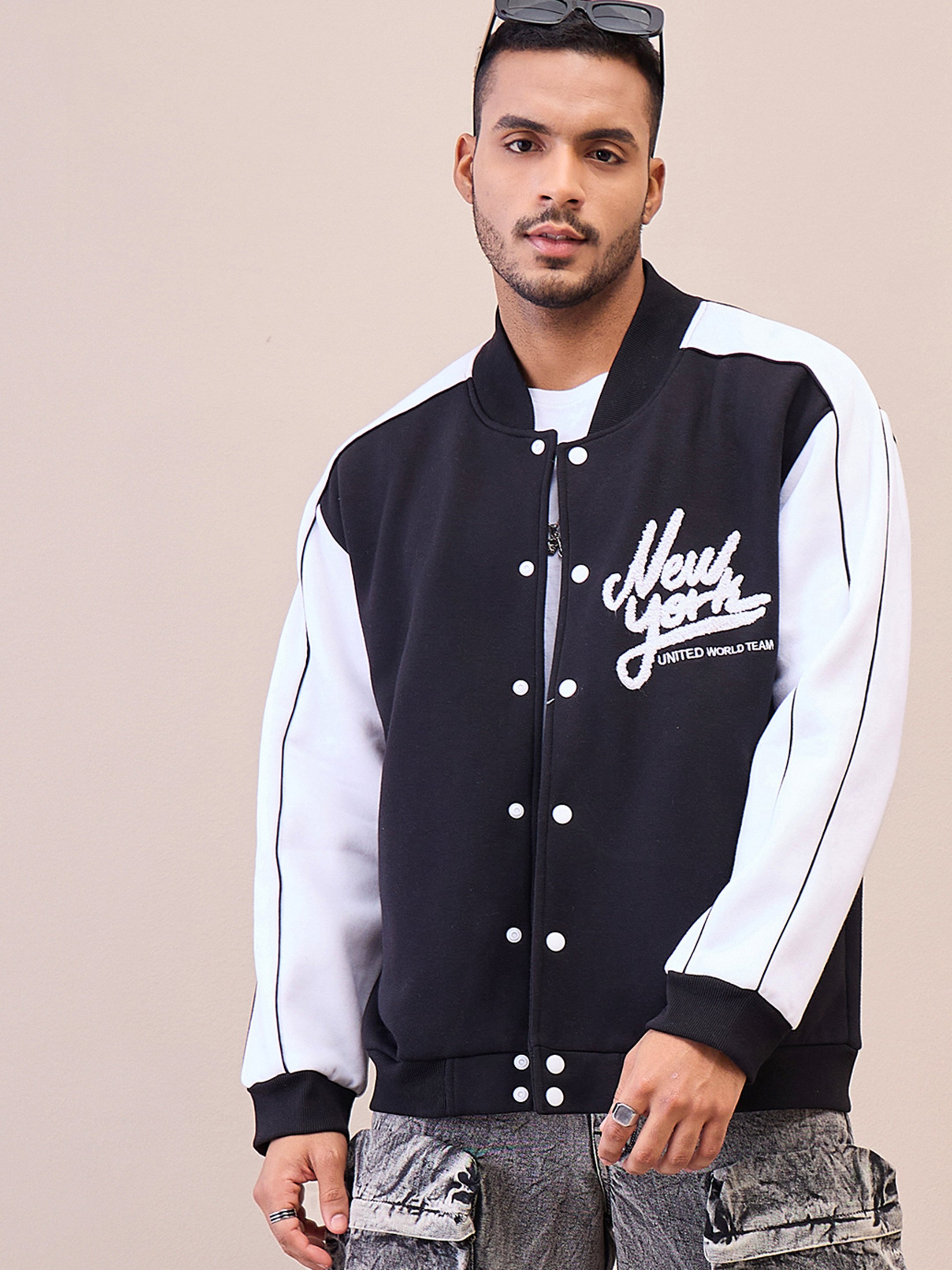 Varsity Jacket: Black and White Embroidered Button-Up