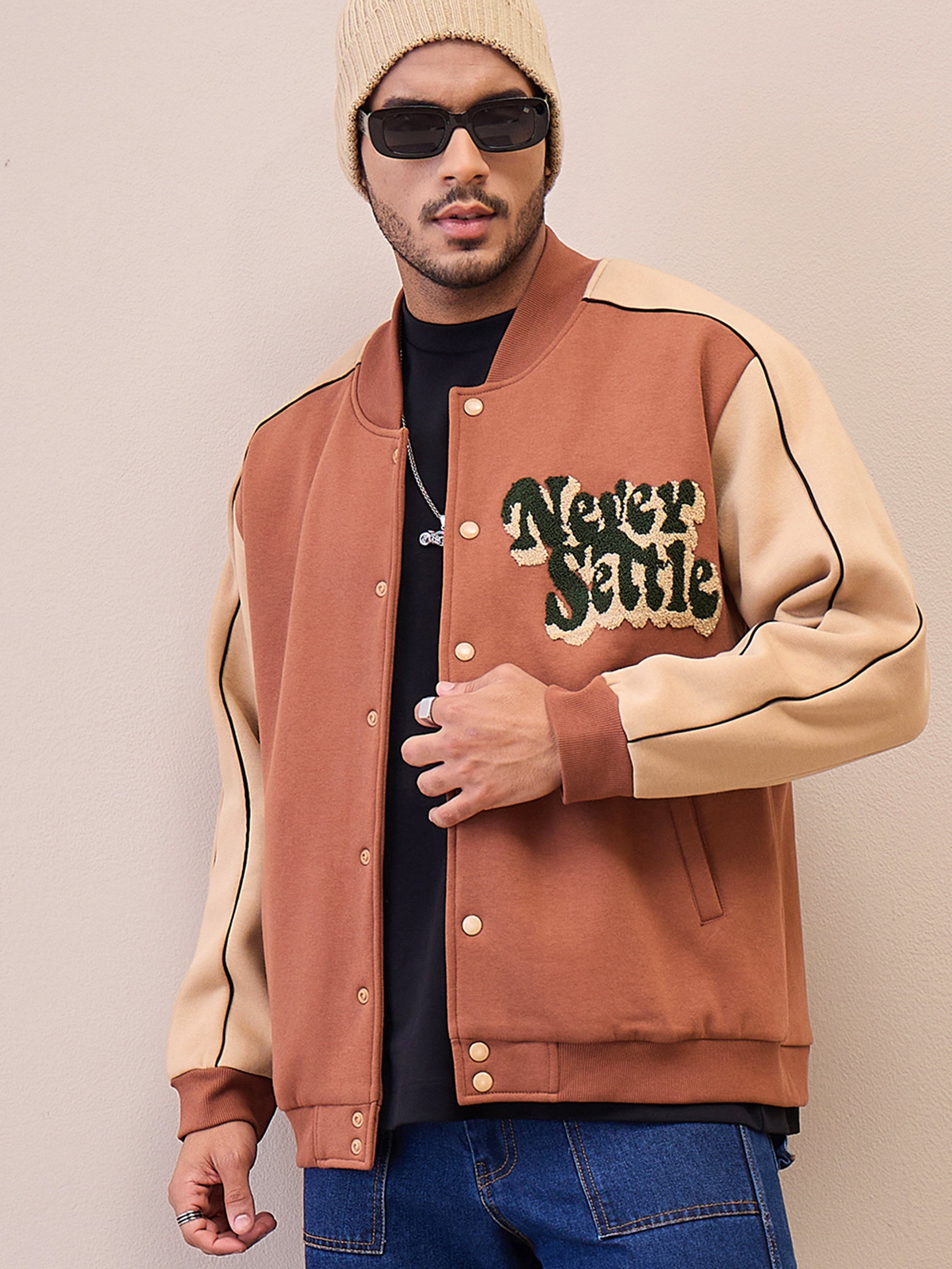 Two-Tone Embroidered Varsity Jacket with Buttons