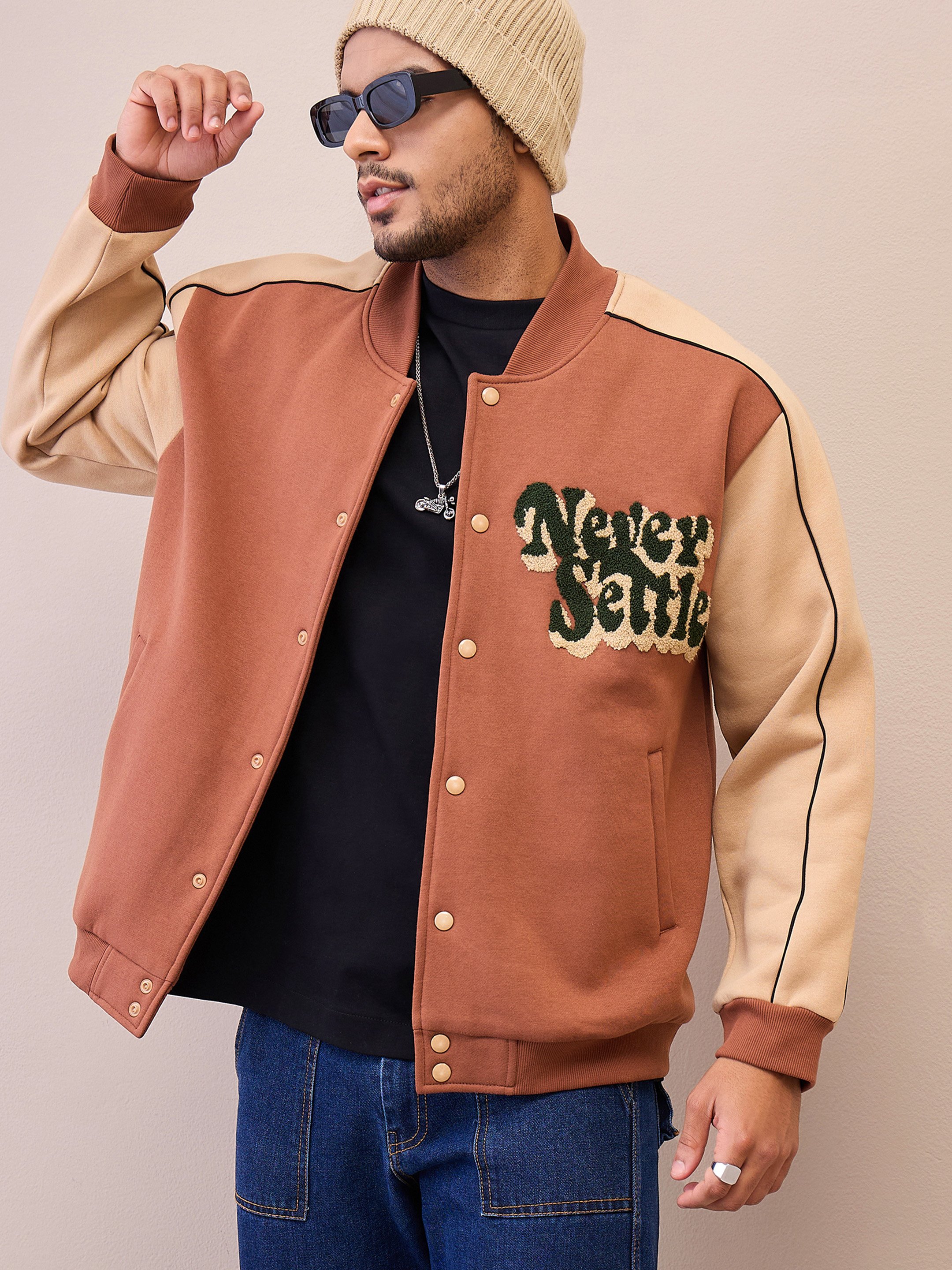 Two-Tone Embroidered Varsity Jacket with Buttons