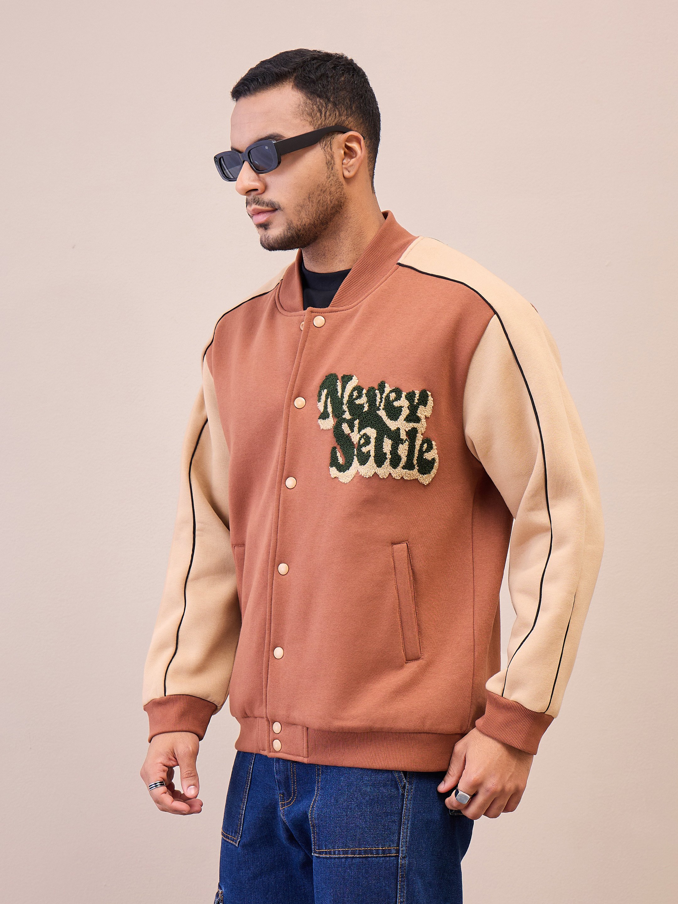 Two-Tone Embroidered Varsity Jacket with Buttons