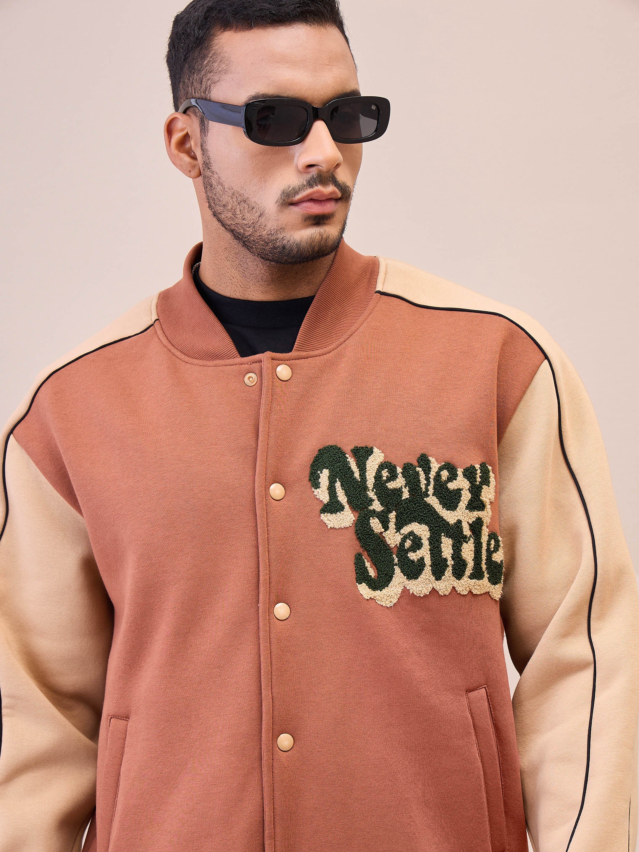 Two-Tone Embroidered Varsity Jacket with Buttons