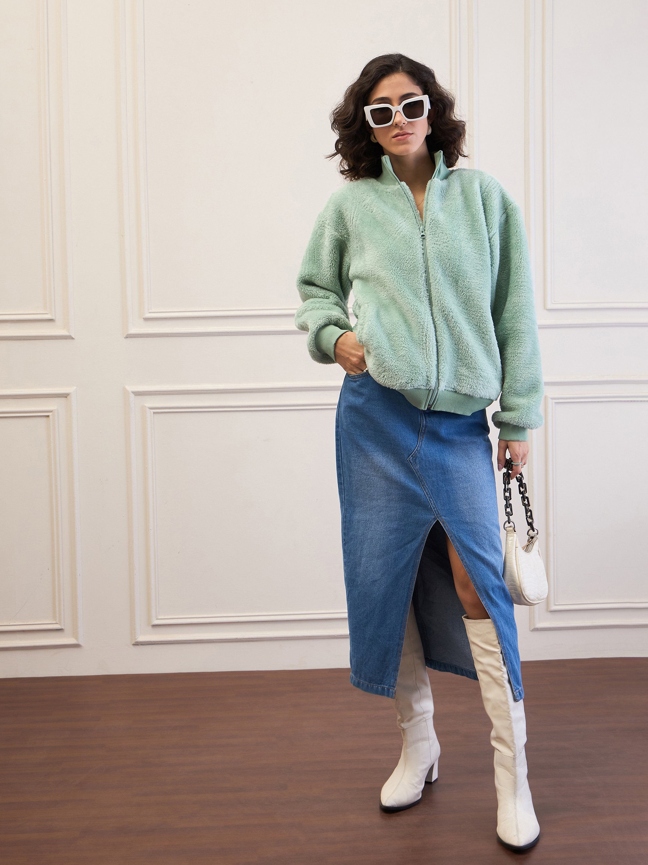 Mint Green Regular Fit Faux Wool Jacket