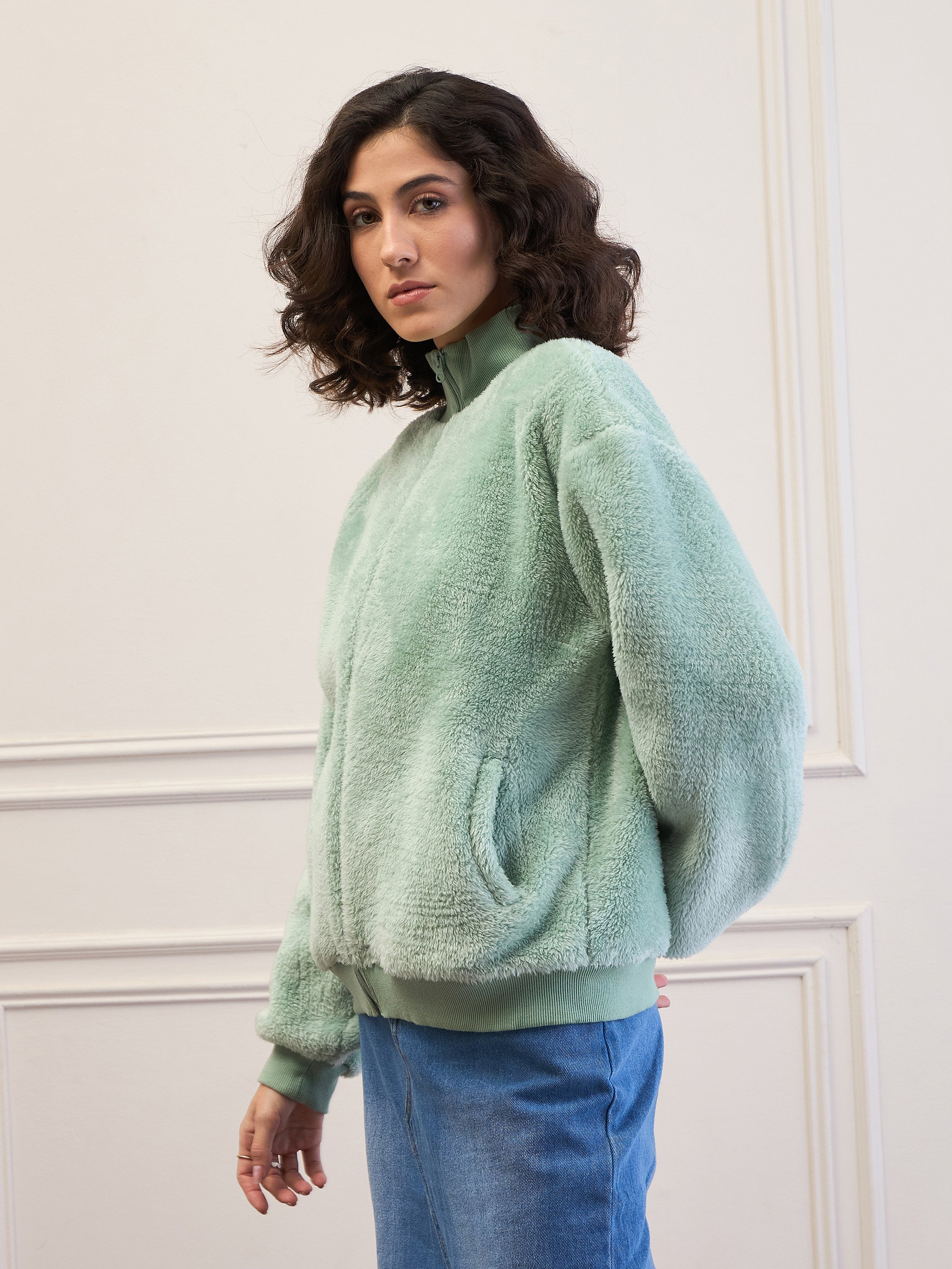 Mint Green Regular Fit Faux Wool Jacket