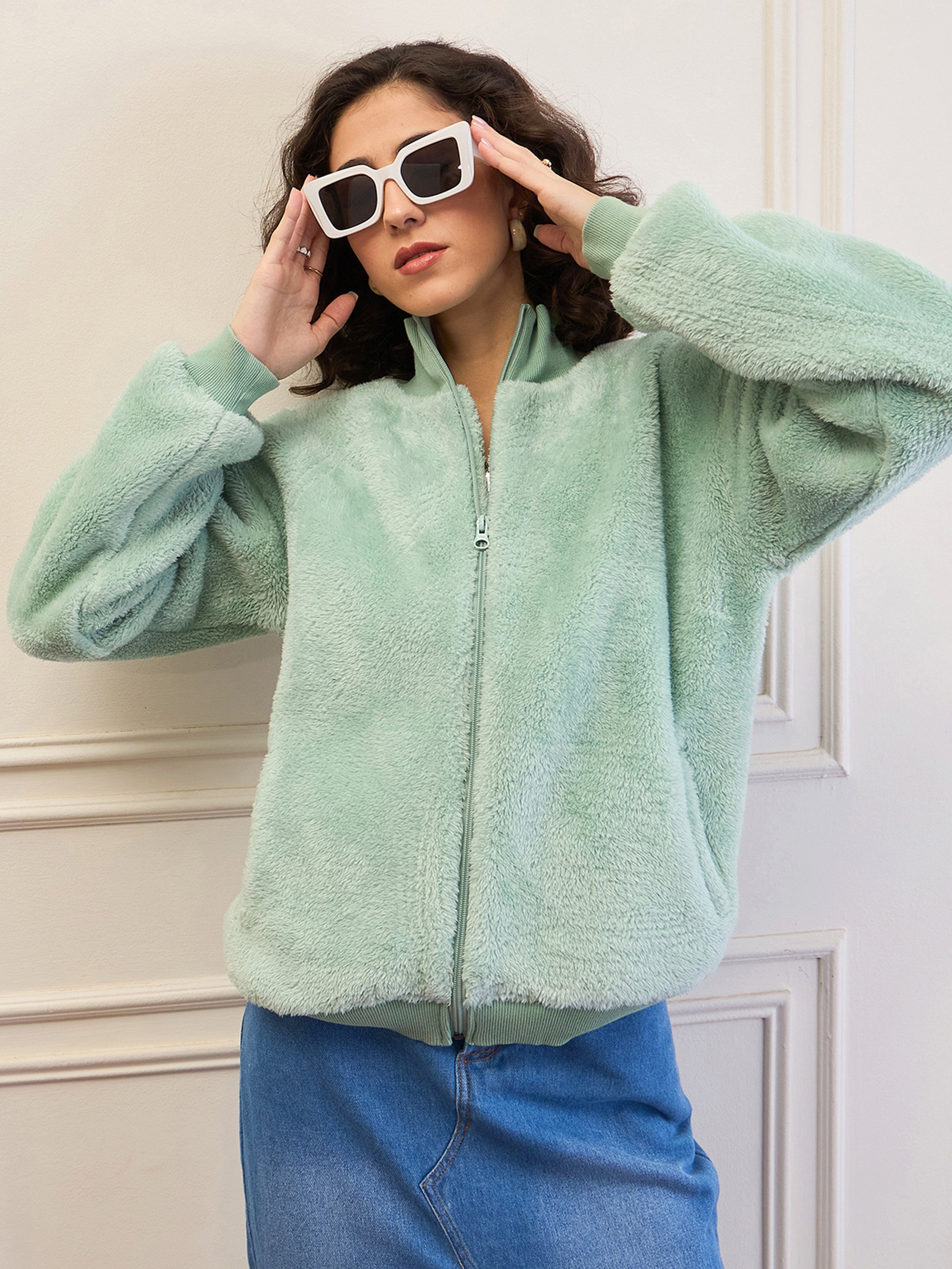 Mint Green Regular Fit Faux Wool Jacket