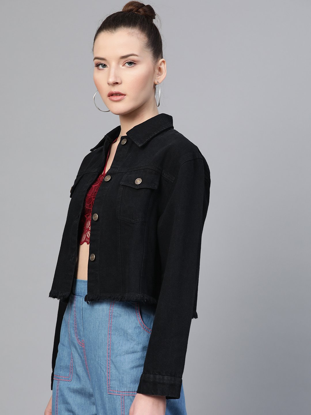 Black Cropped Denim Jacket with Fringed Hem