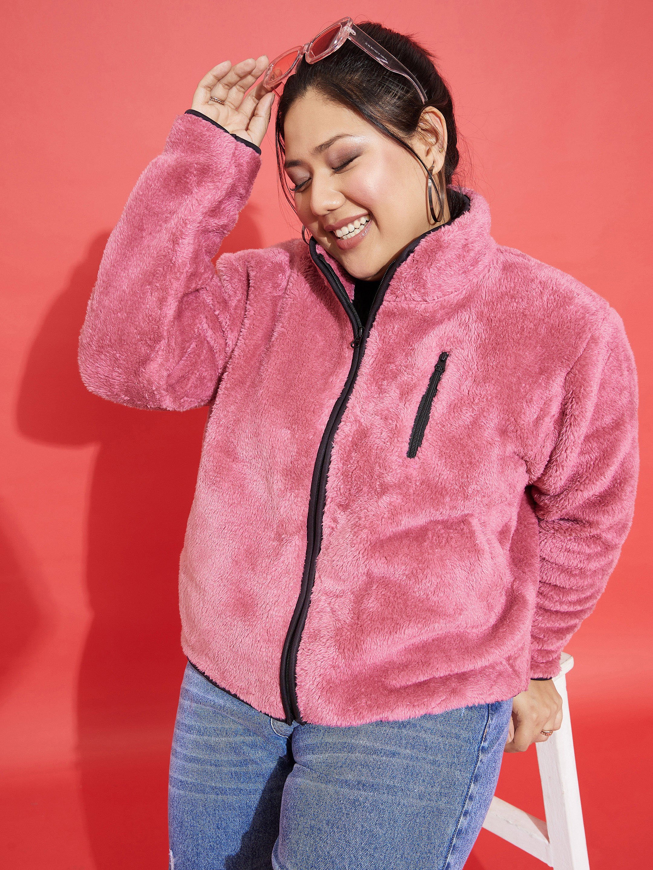 Pink Regular Fit Faux Wool Jacket