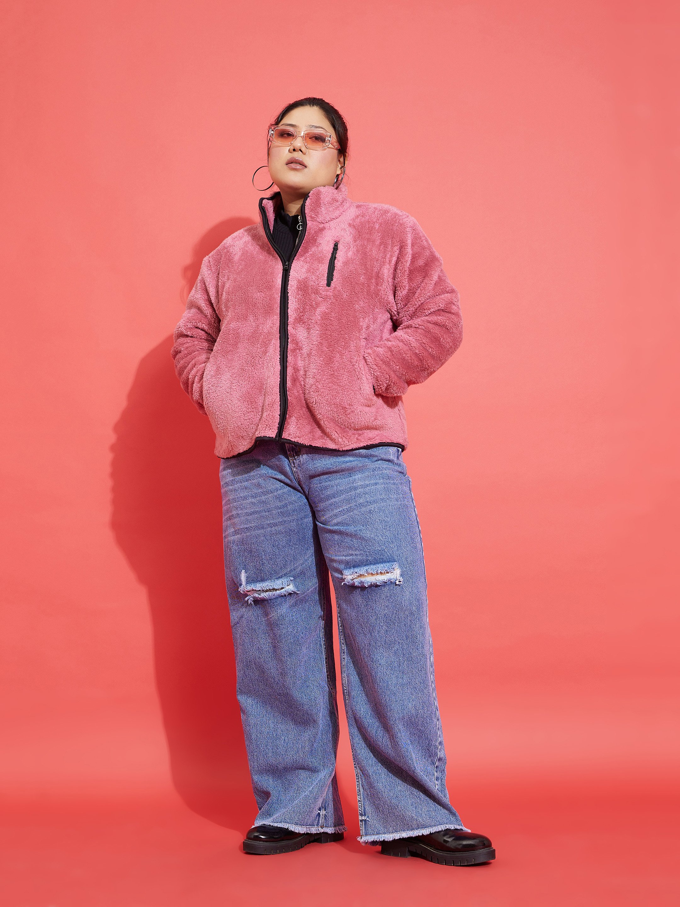 Pink Regular Fit Faux Wool Jacket