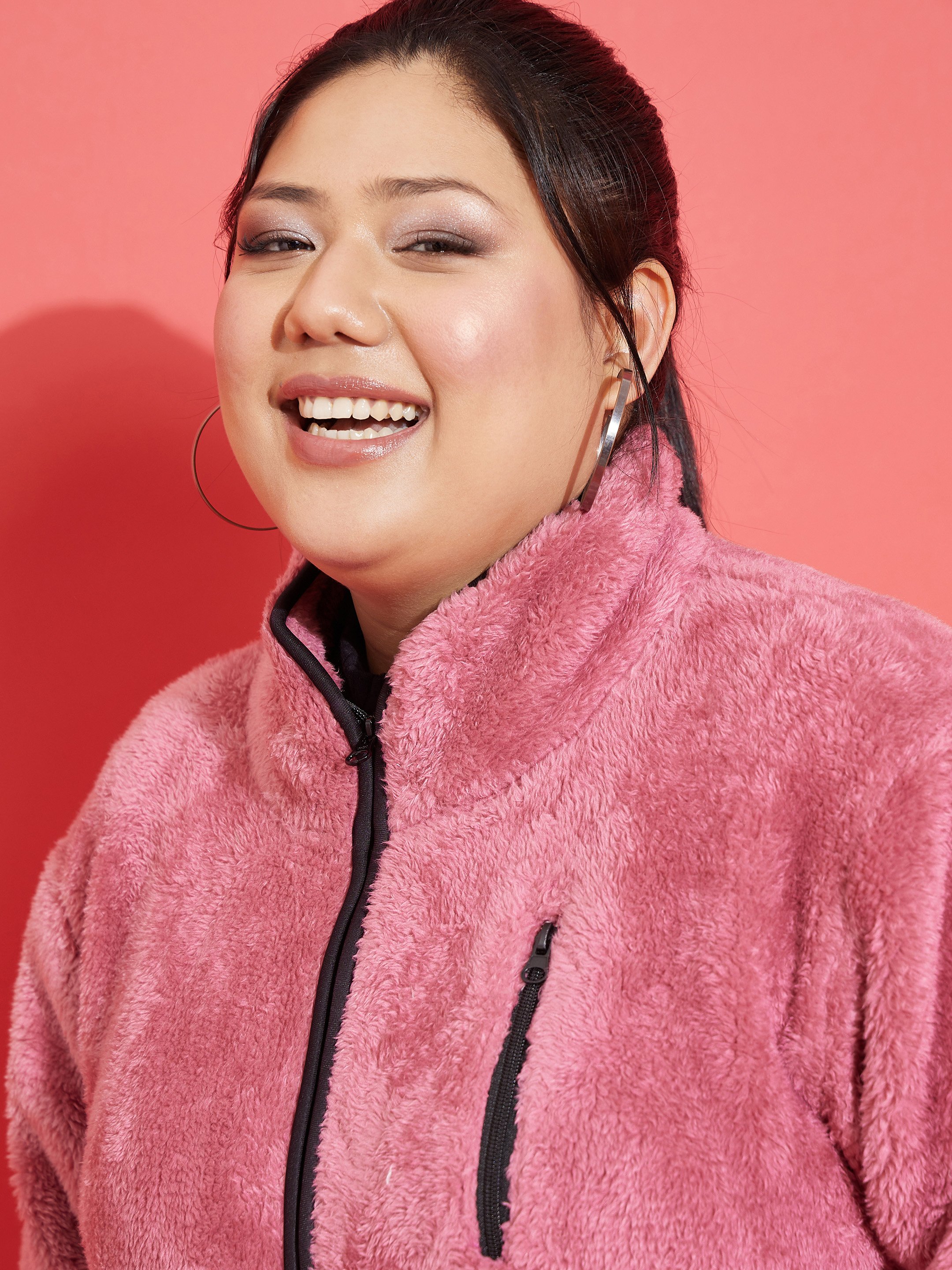 Pink Regular Fit Faux Wool Jacket