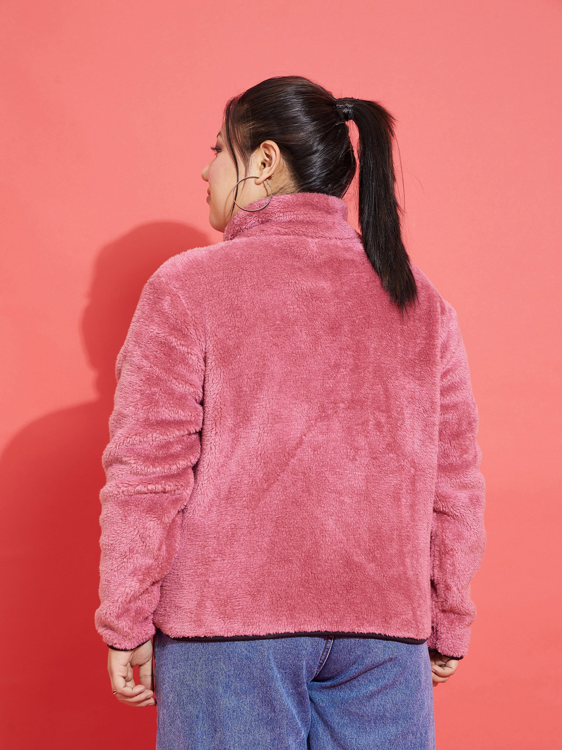 Pink Regular Fit Faux Wool Jacket