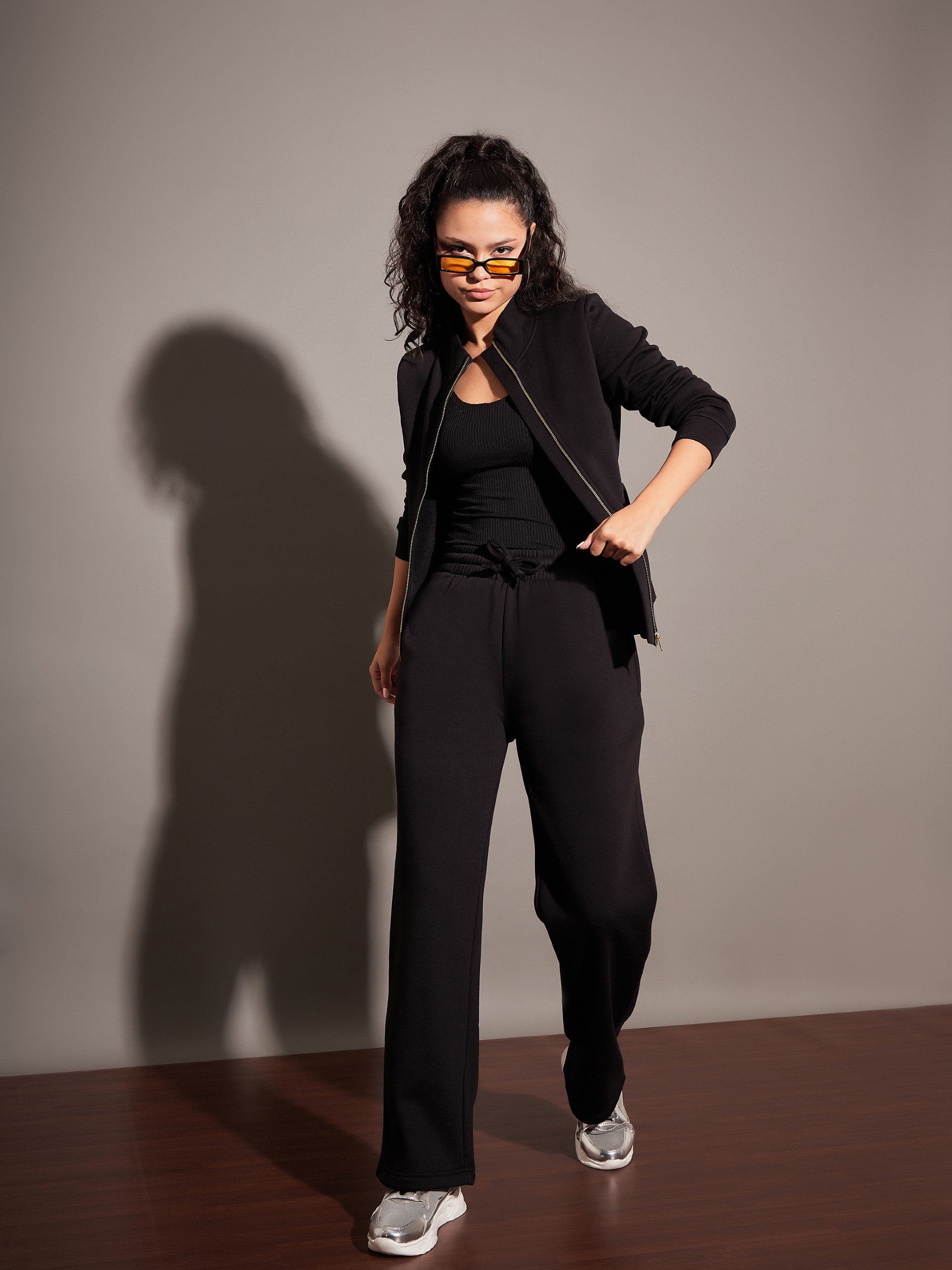 Black Regular Fit Zippered Jacket