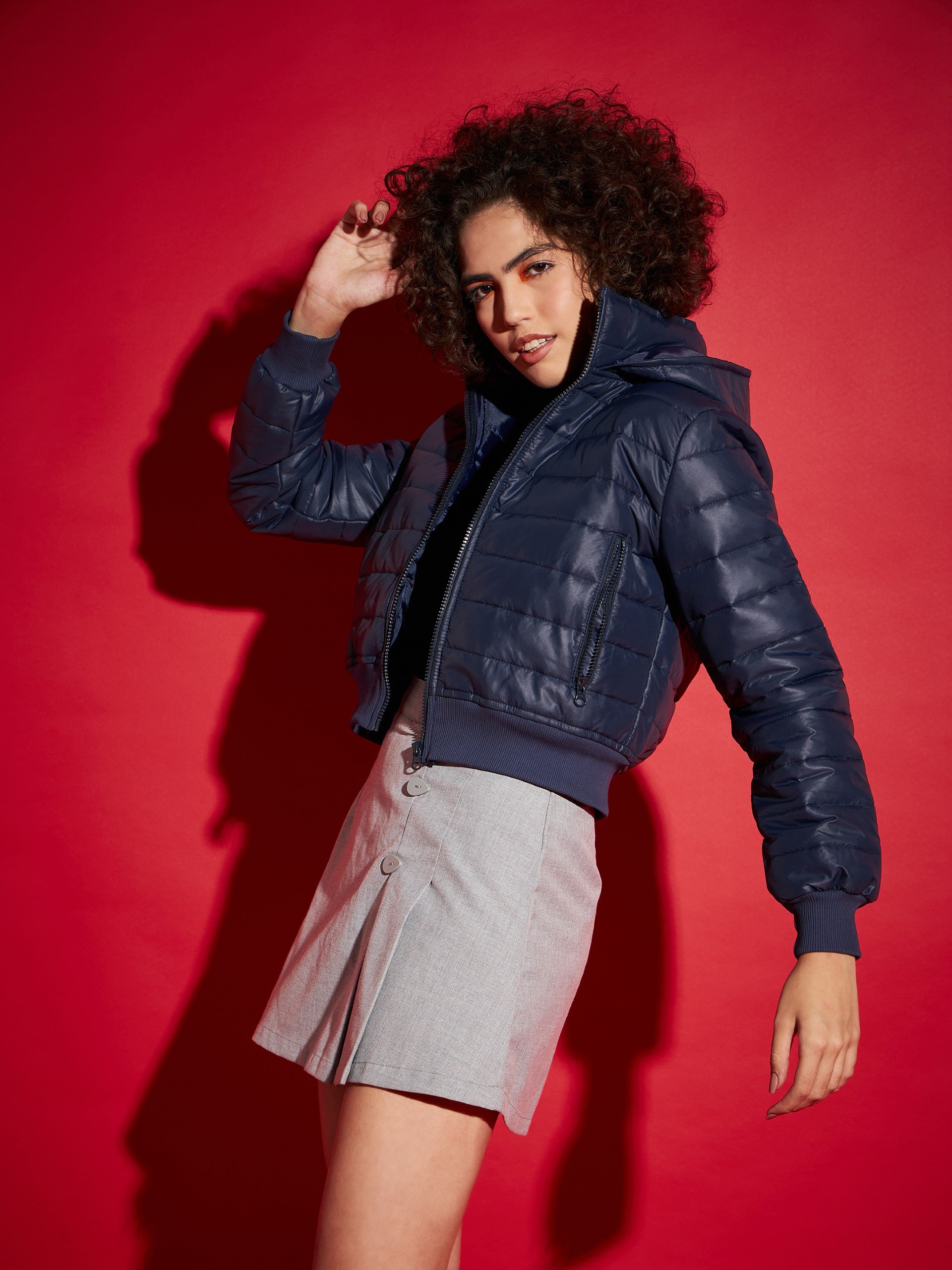 Navy Blue Cropped Bomber Jacket