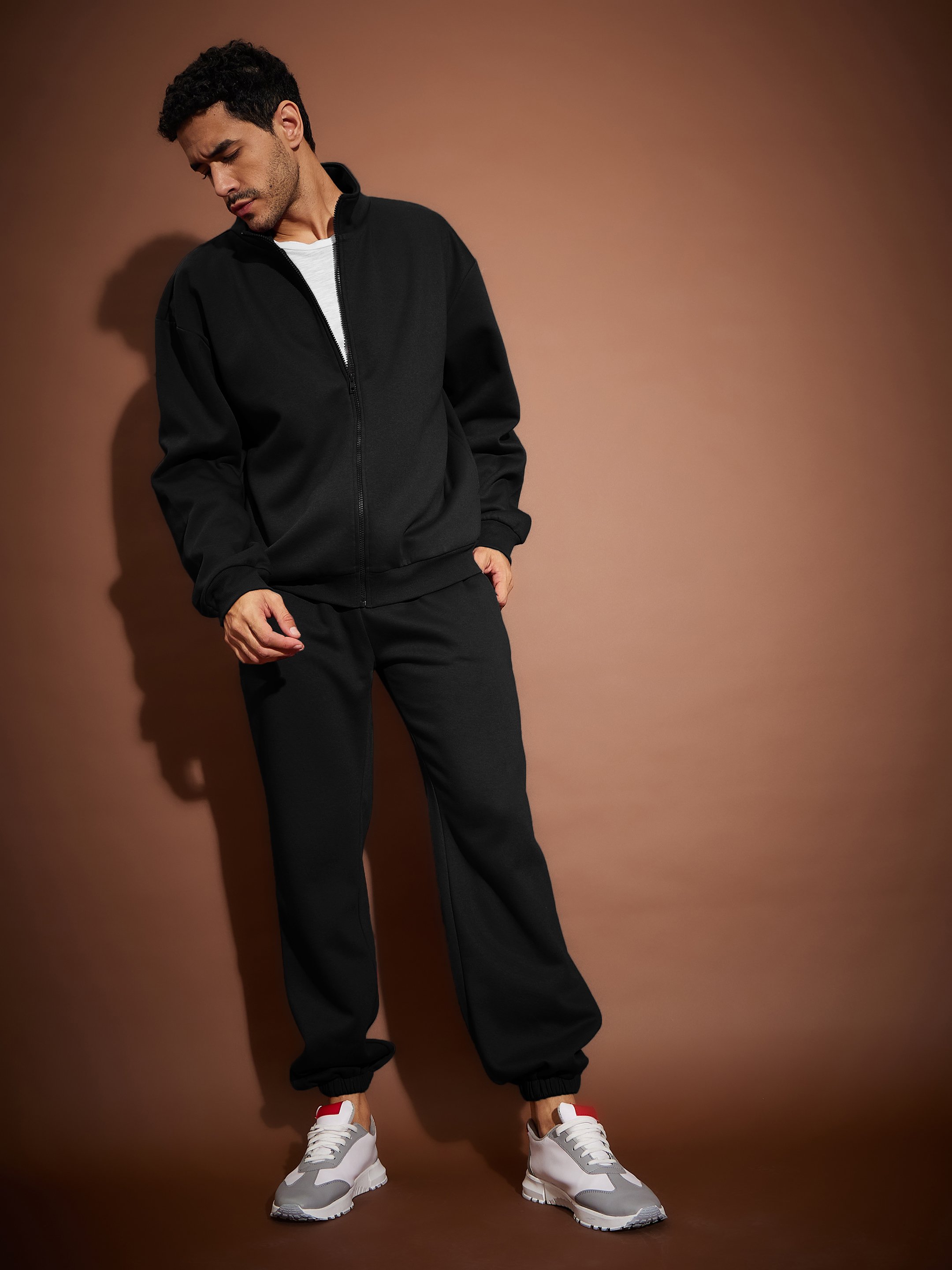 Black Front Zipper Oversized Sweatshirt With Joggers