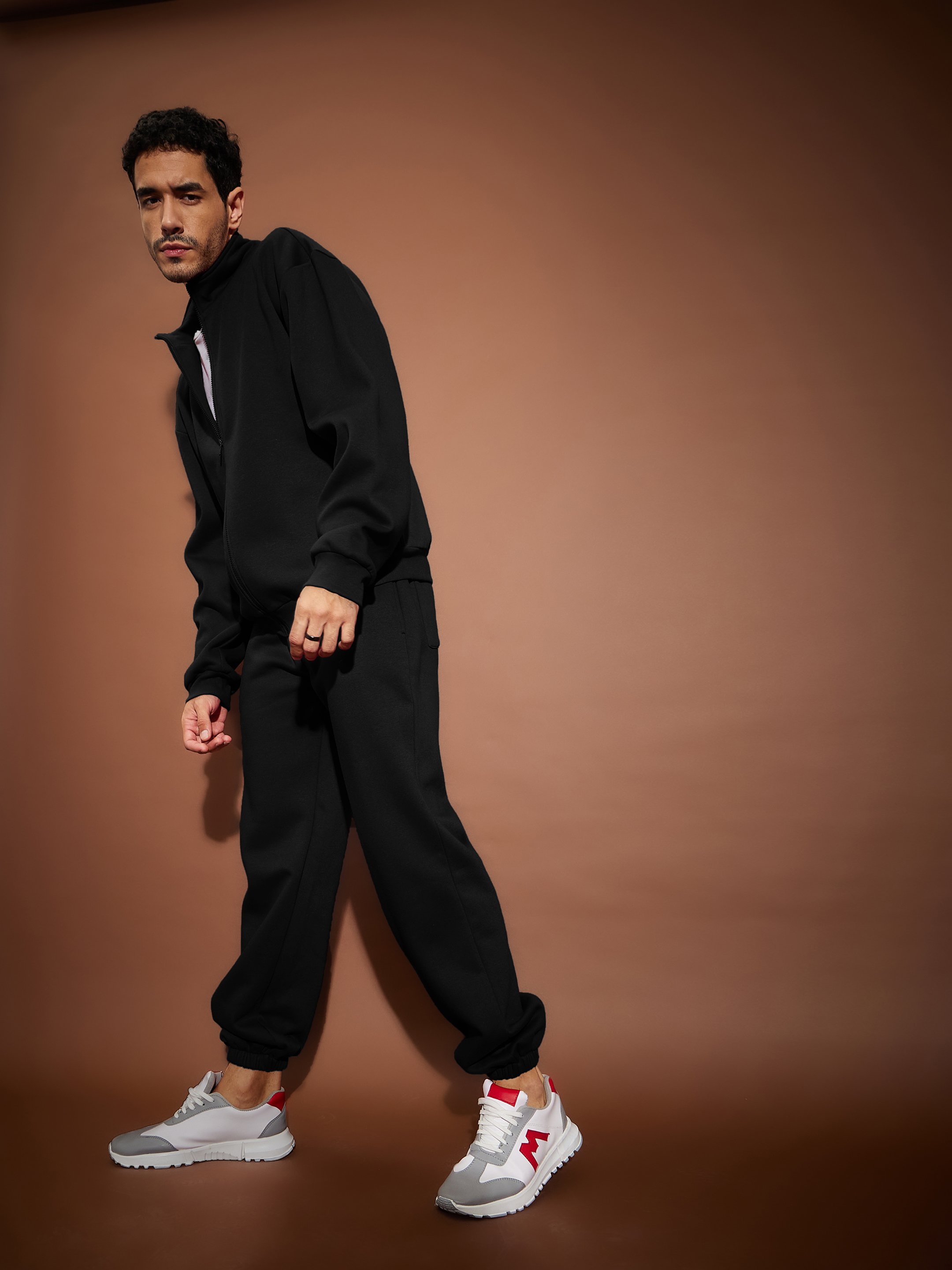 Black Front Zipper Oversized Sweatshirt With Joggers