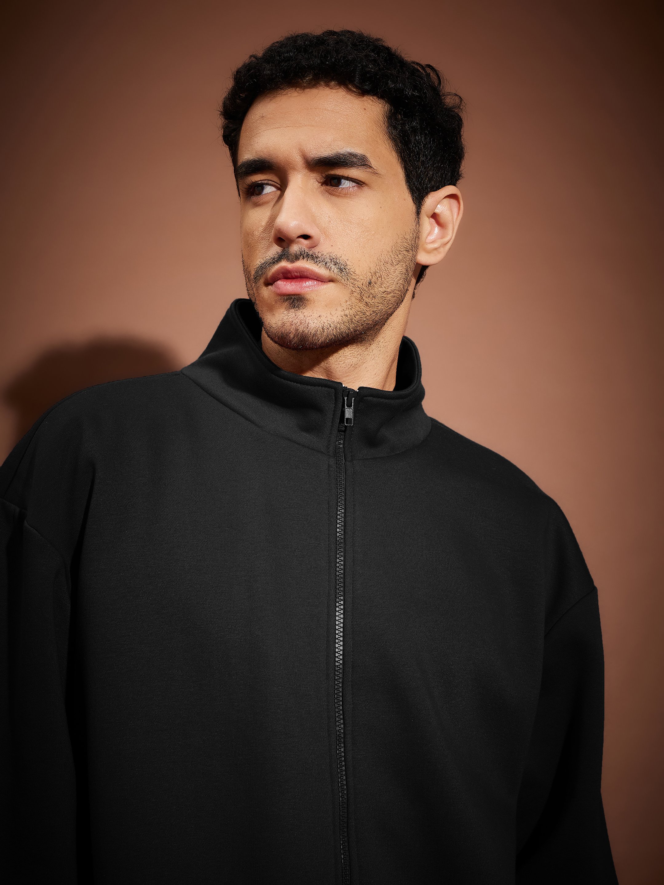 Black Front Zipper Oversized Sweatshirt With Joggers