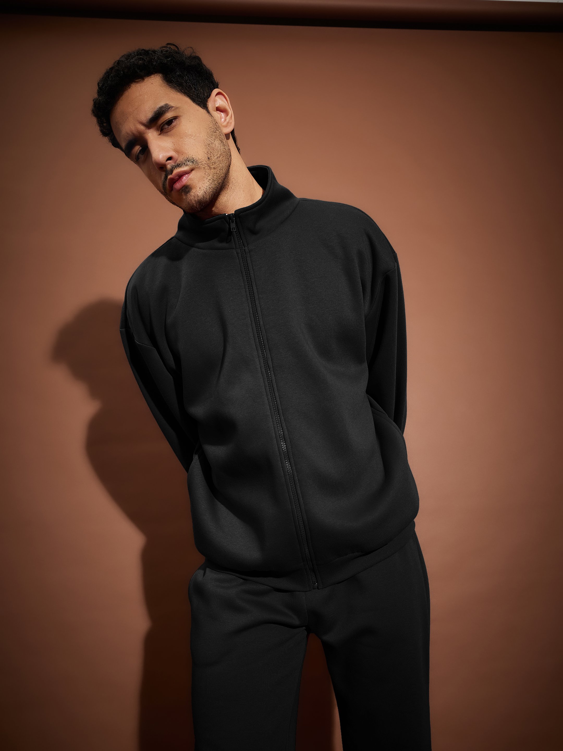 Black Front Zipper Oversized Sweatshirt With Joggers