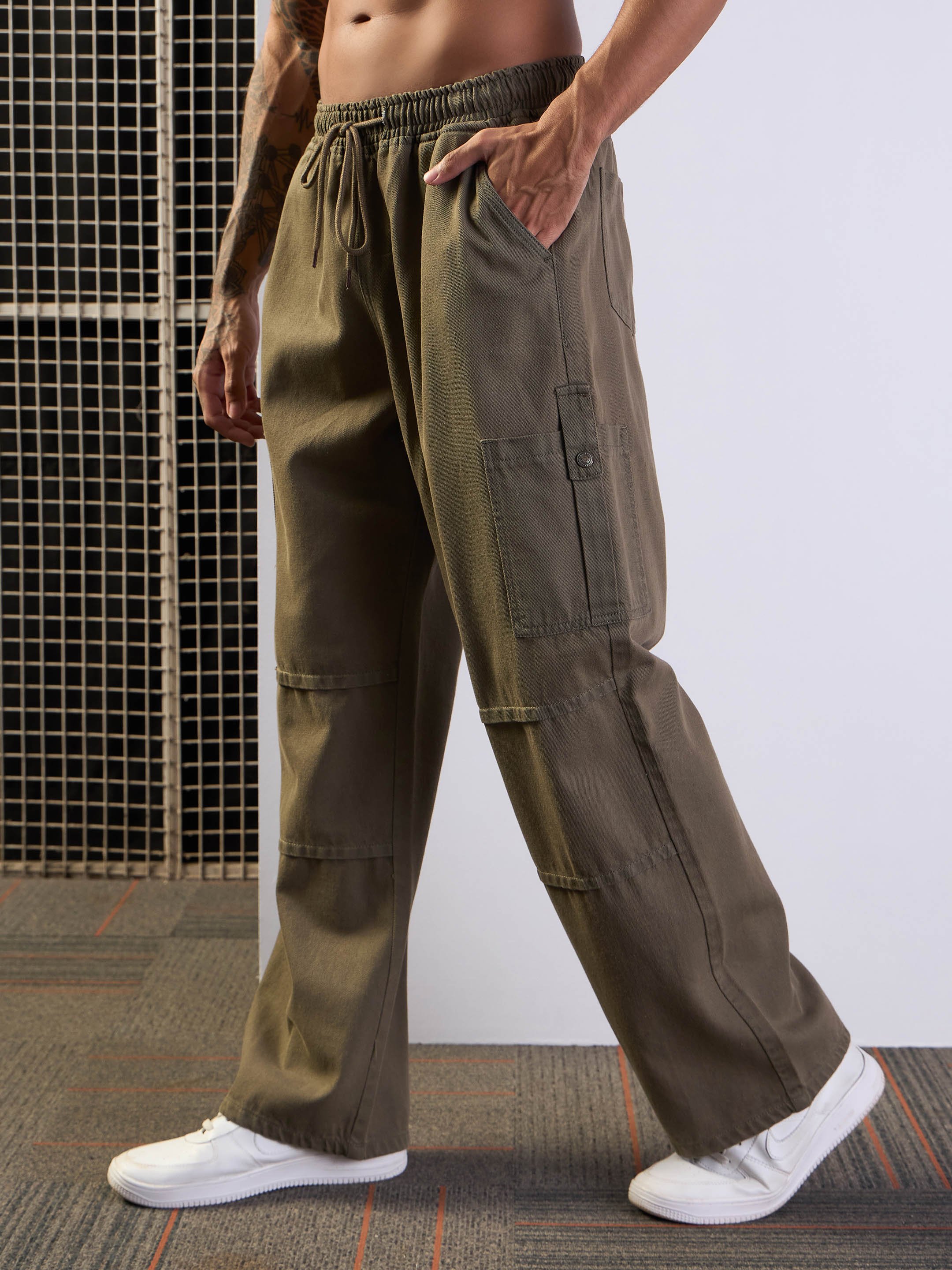 Plain Khaki Baggy Cargo Trousers