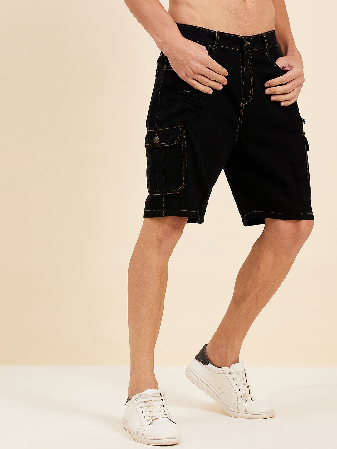 Black Plain Denim Cargo Shorts