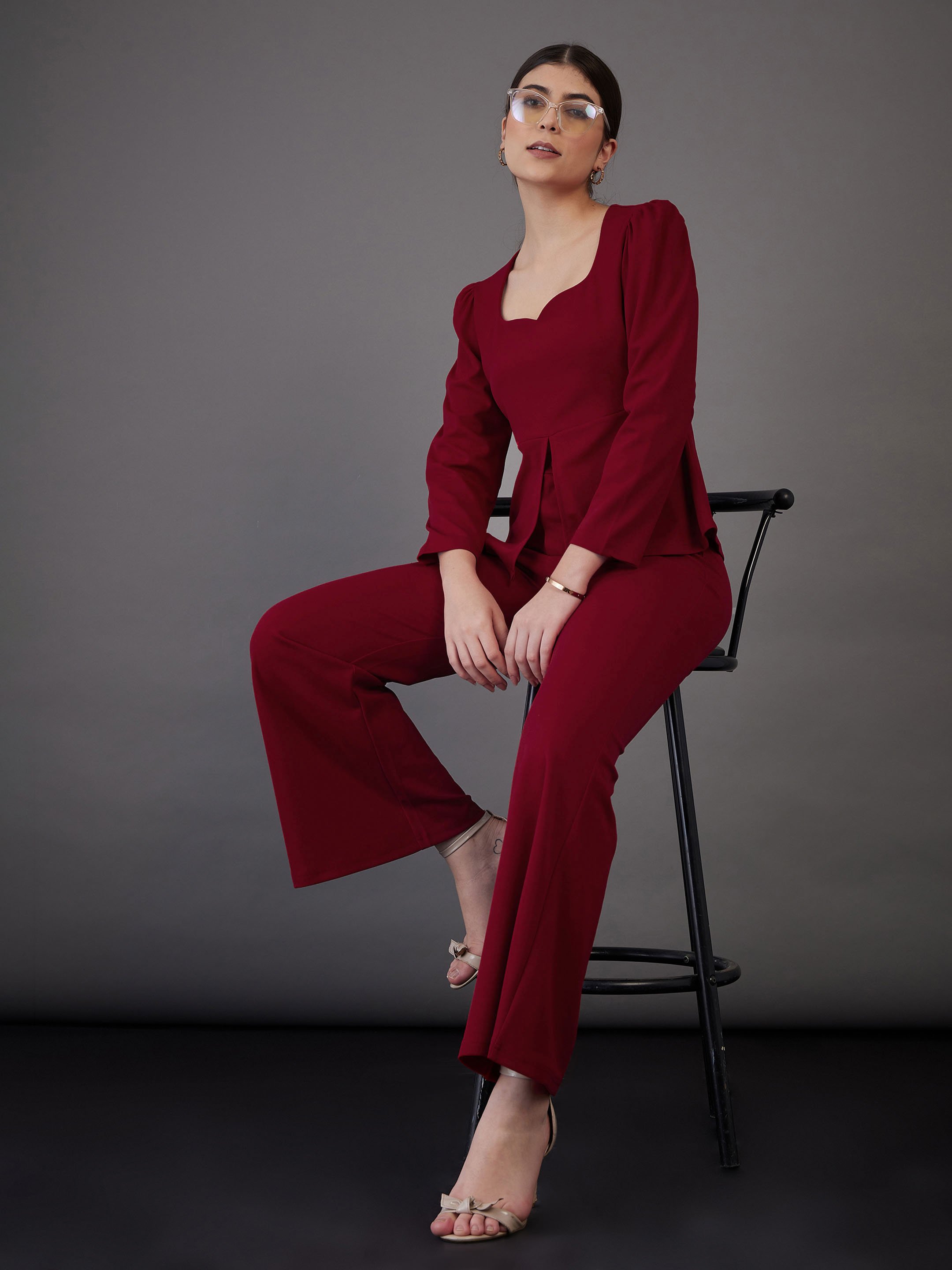 Red Peplum Top With Bell Bottom Pants