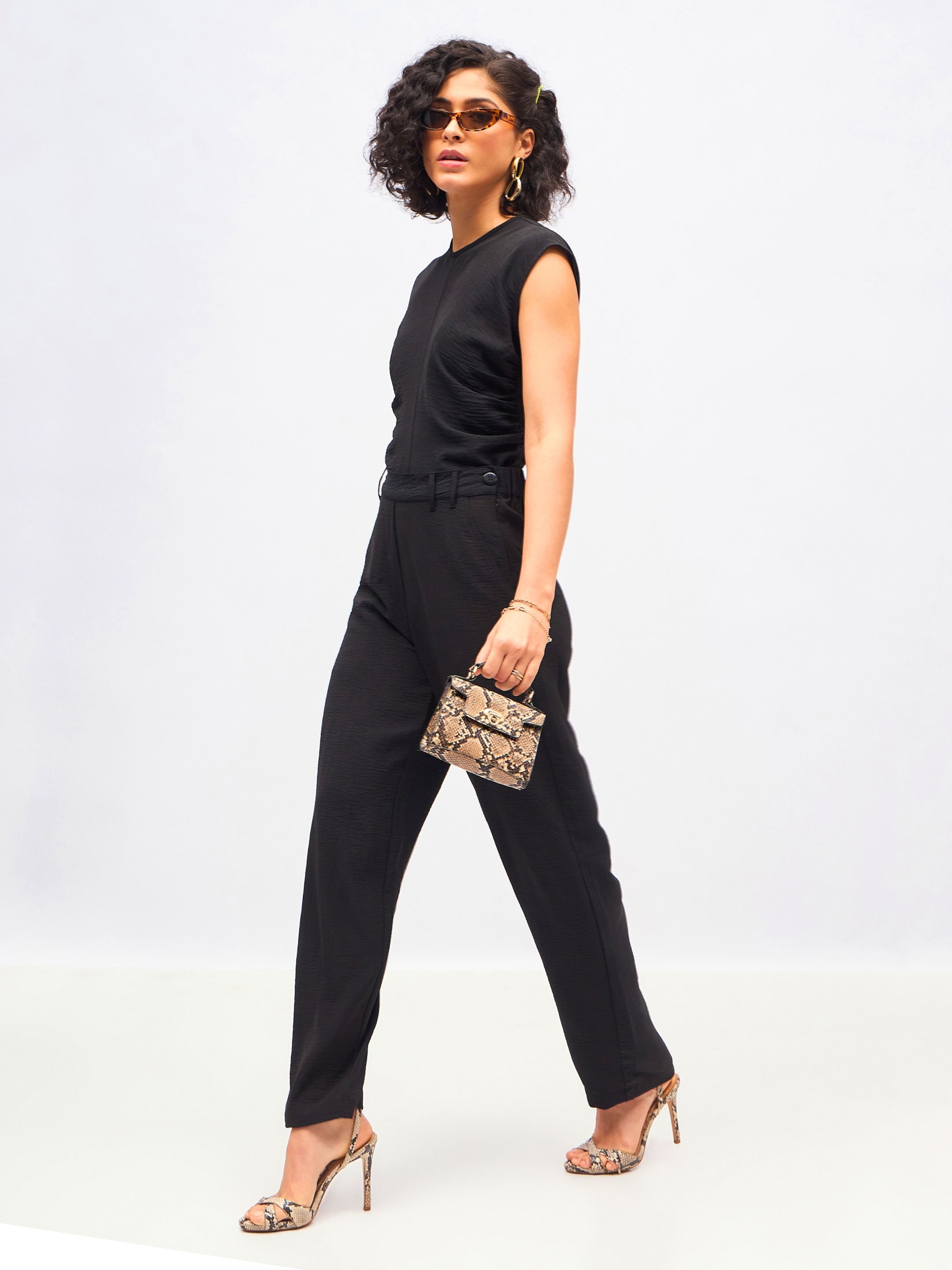 Black Textured Co-ord Set with Trousers and Sleeveless Top