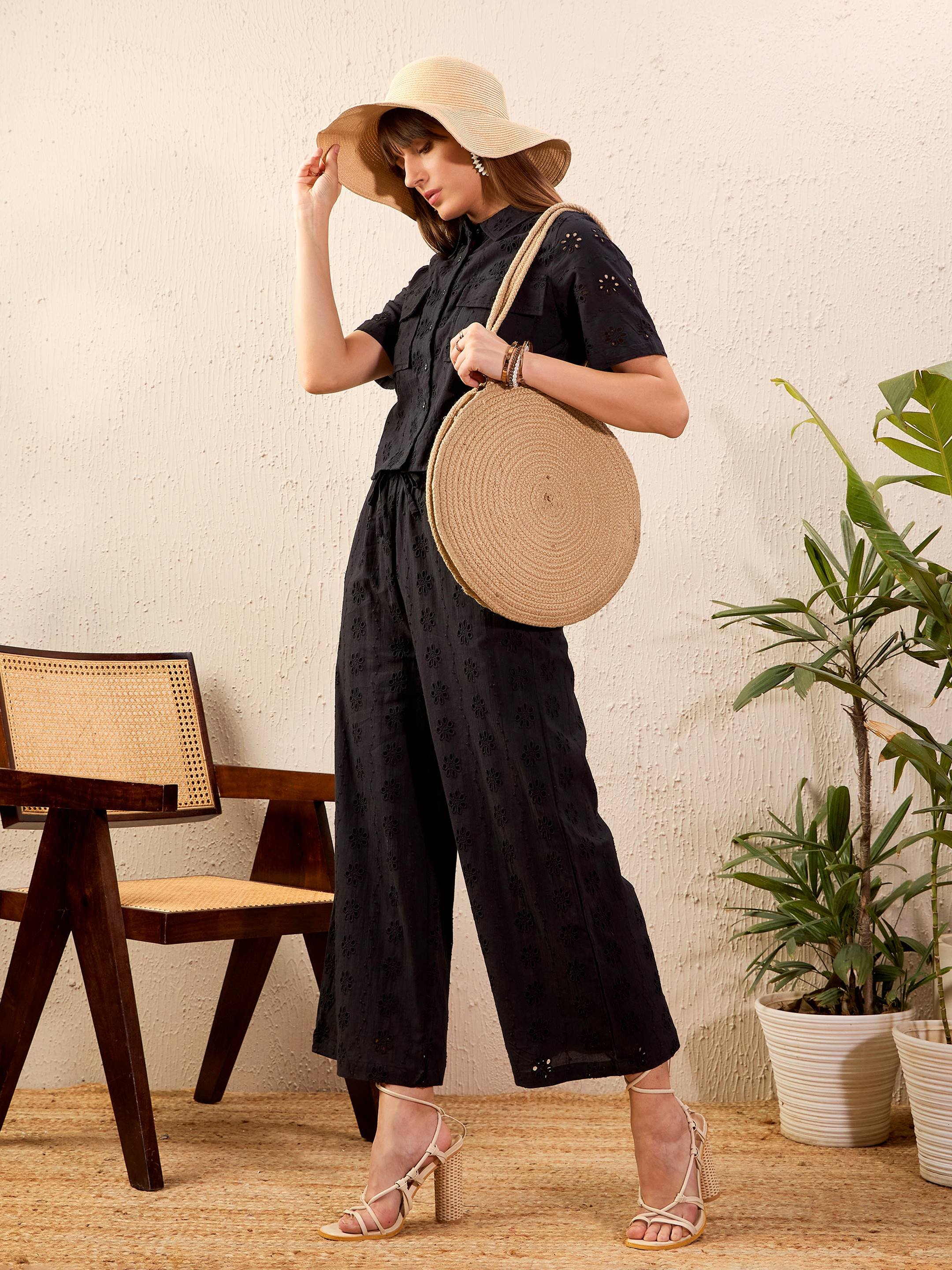 Black Schiffli Shirt and Wide-Leg Trousers Co-ord Set