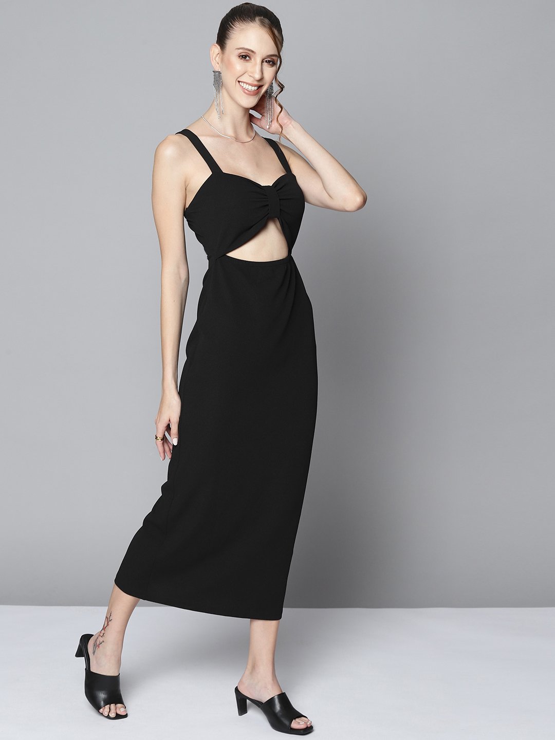 Black Midi Sheath Dress with Cut-Out Detail