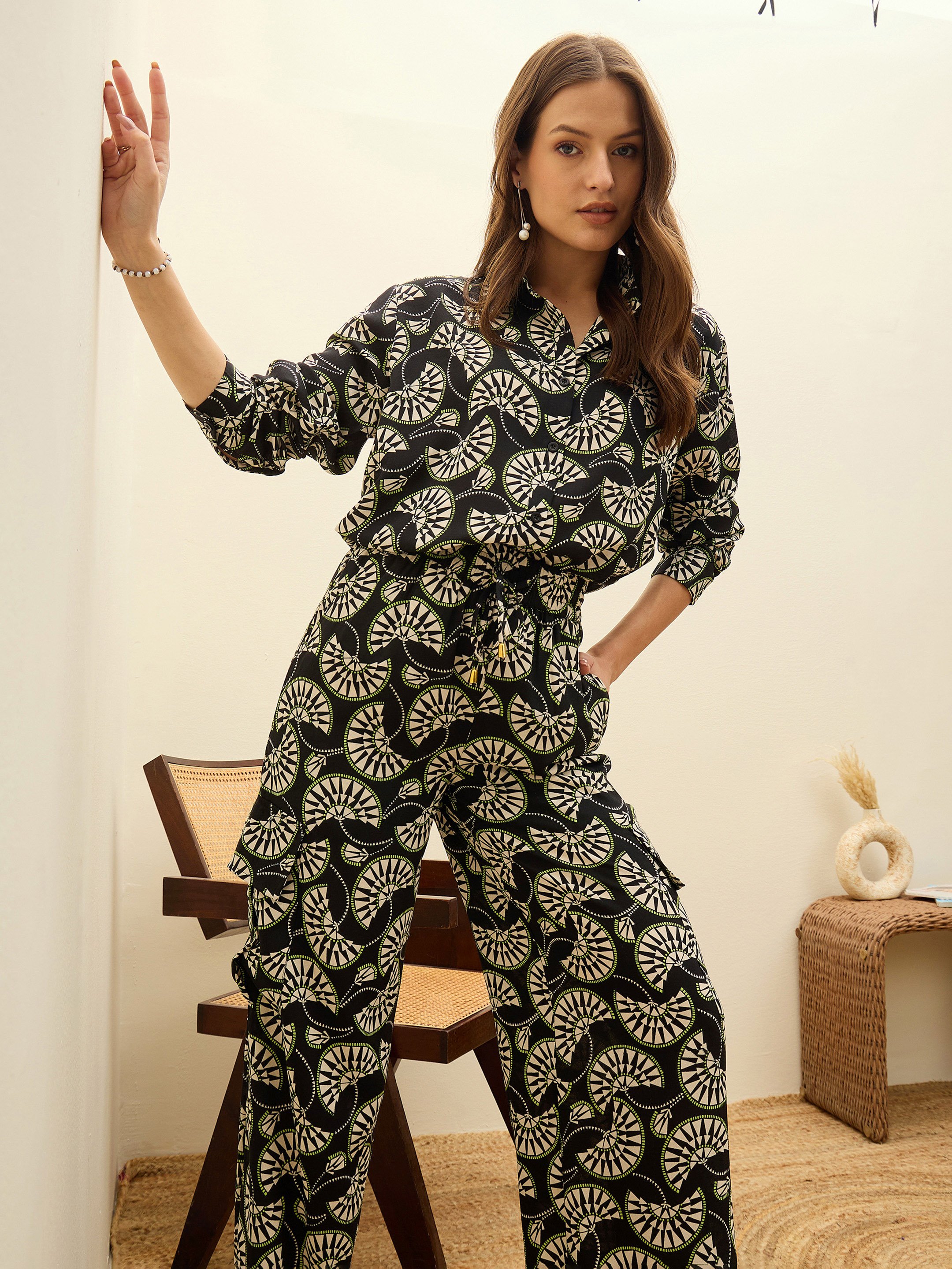 Black Printed Oversize Shirt With Box Pocket Pants