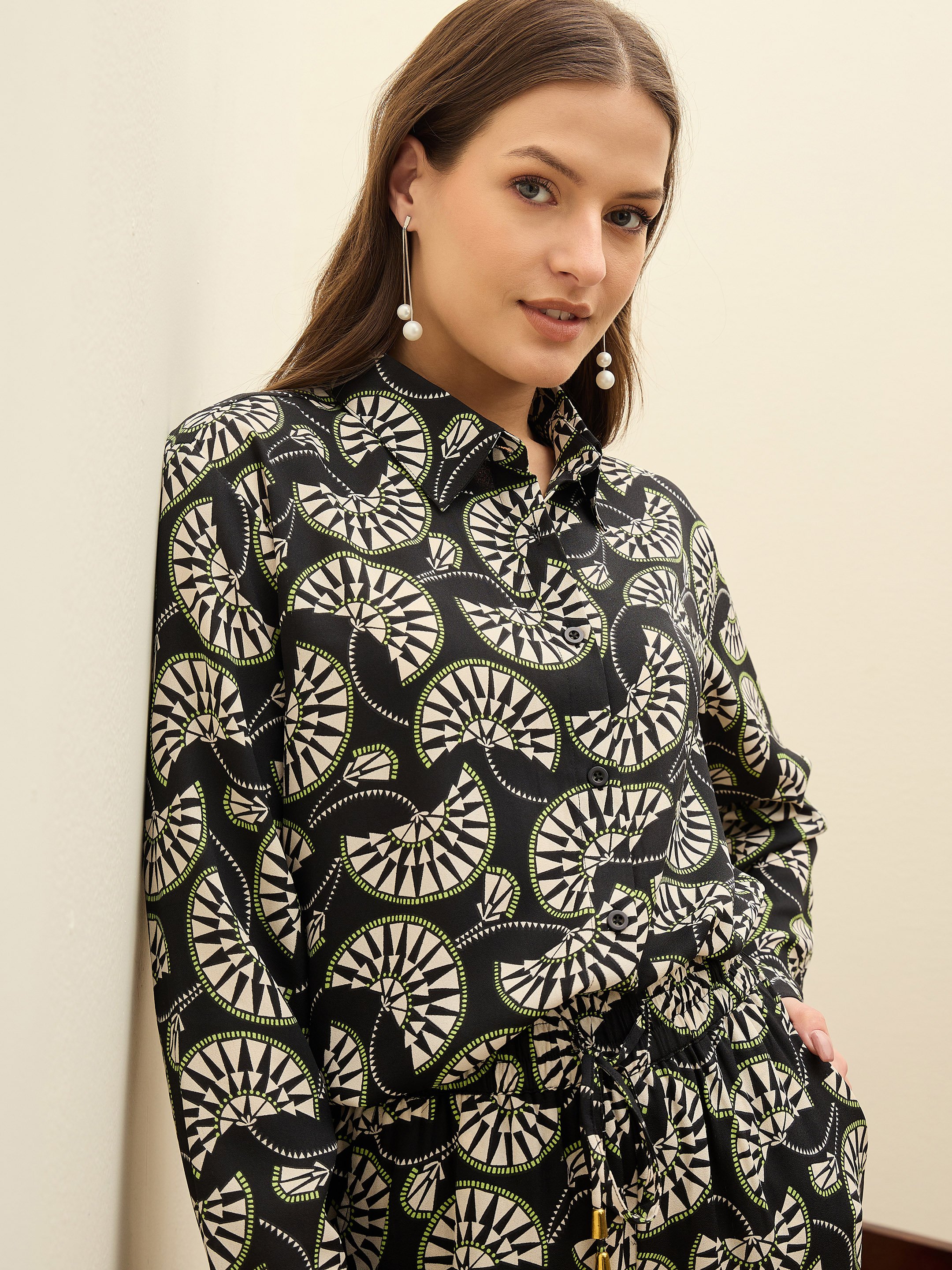 Black Printed Oversize Shirt With Box Pocket Pants