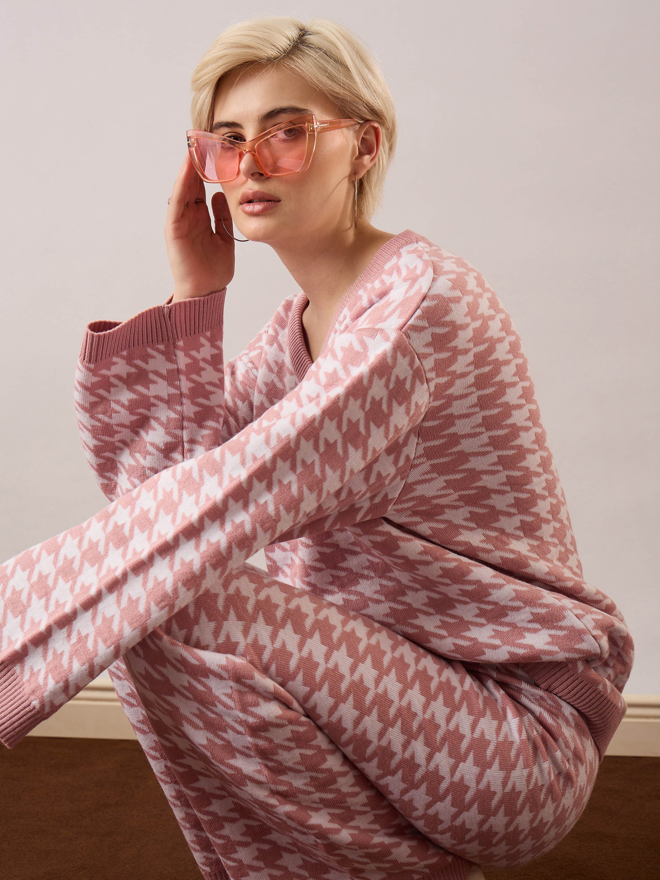 Pink and White Houndstooth V-Neck Sweater With Joggers