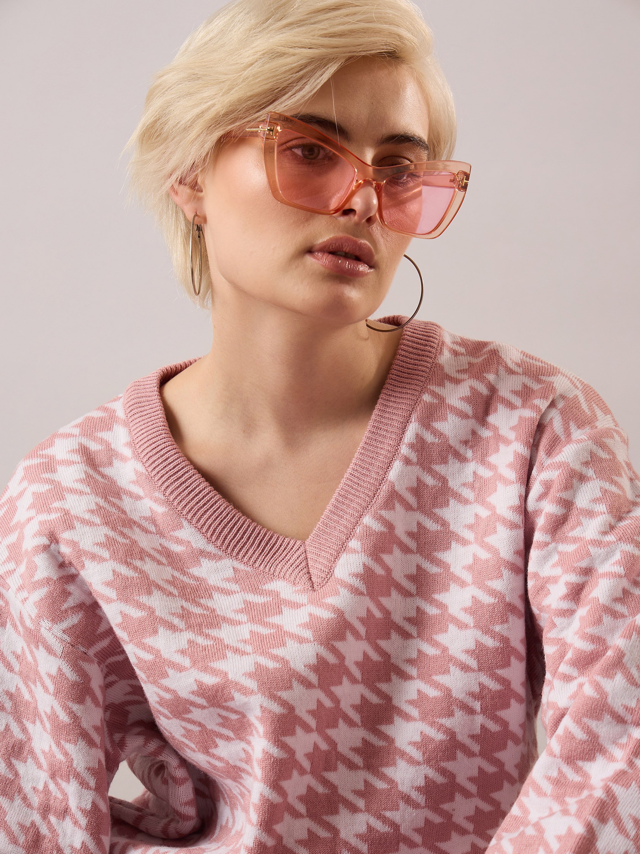 Pink and White Houndstooth V-Neck Sweater With Joggers