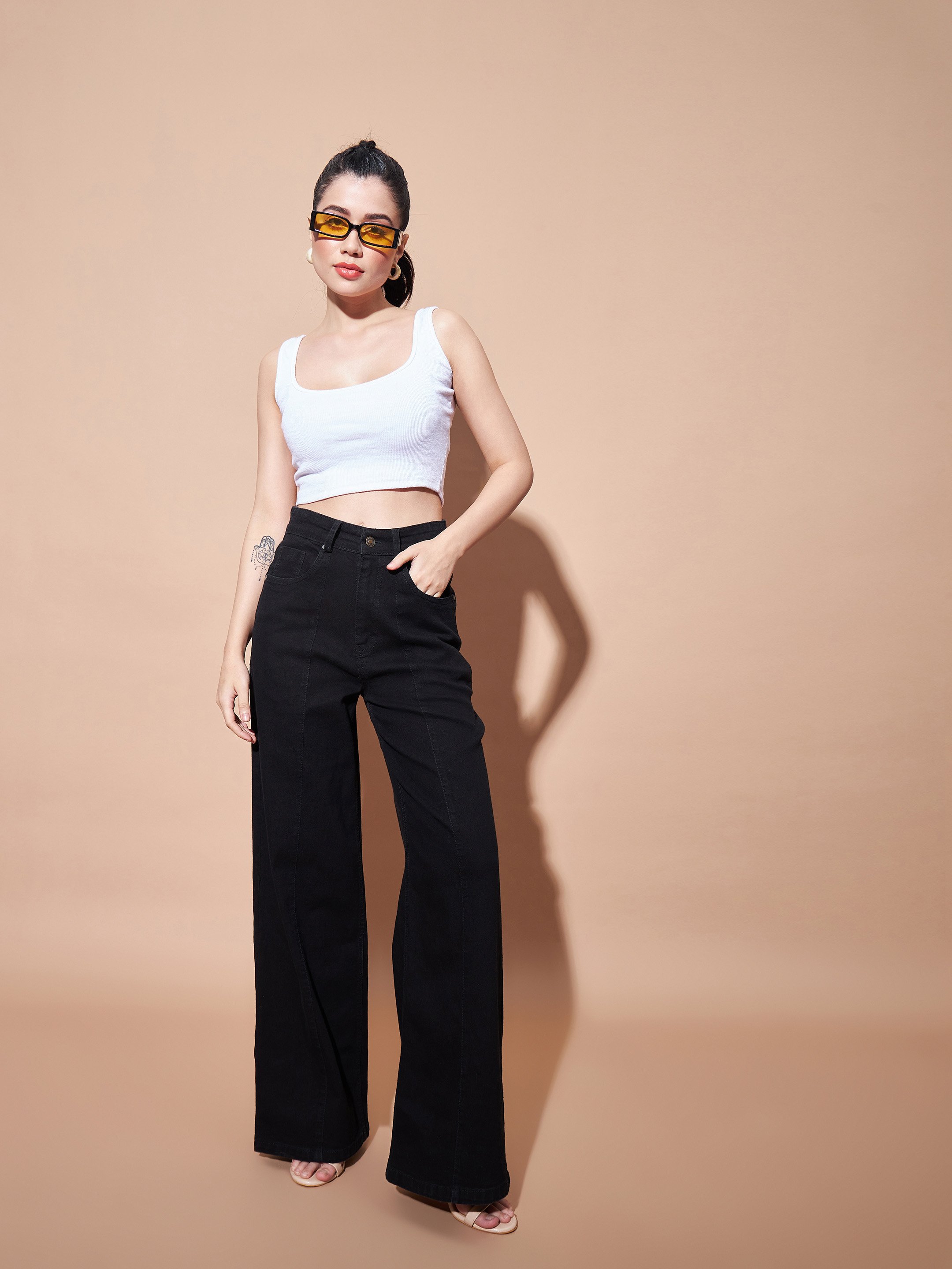 Black High-Rise Bootcut Jeans with Seam Detail