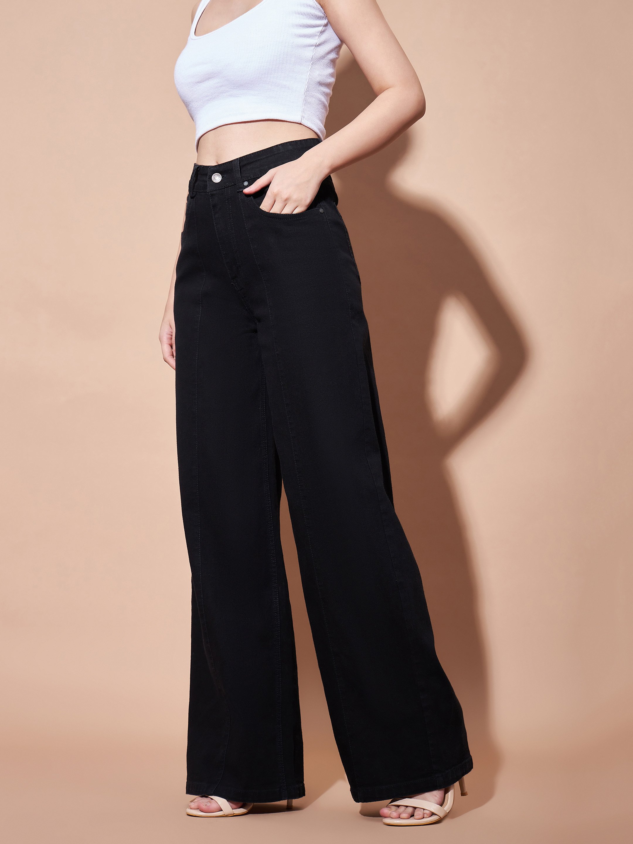 Black High-Rise Bootcut Jeans with Seam Detail