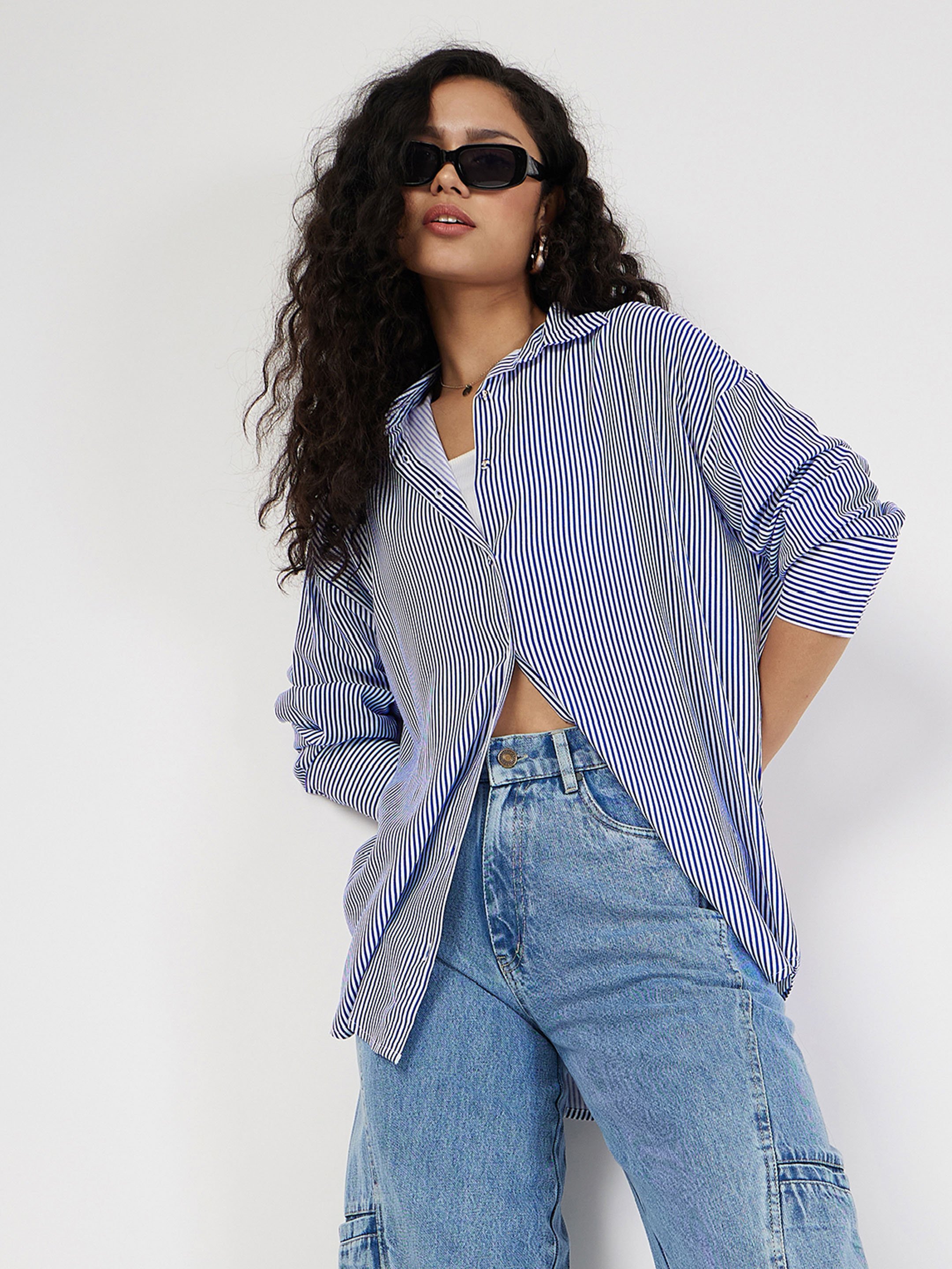 Blue Pinstriped Oversized Long Sleeve Shirt