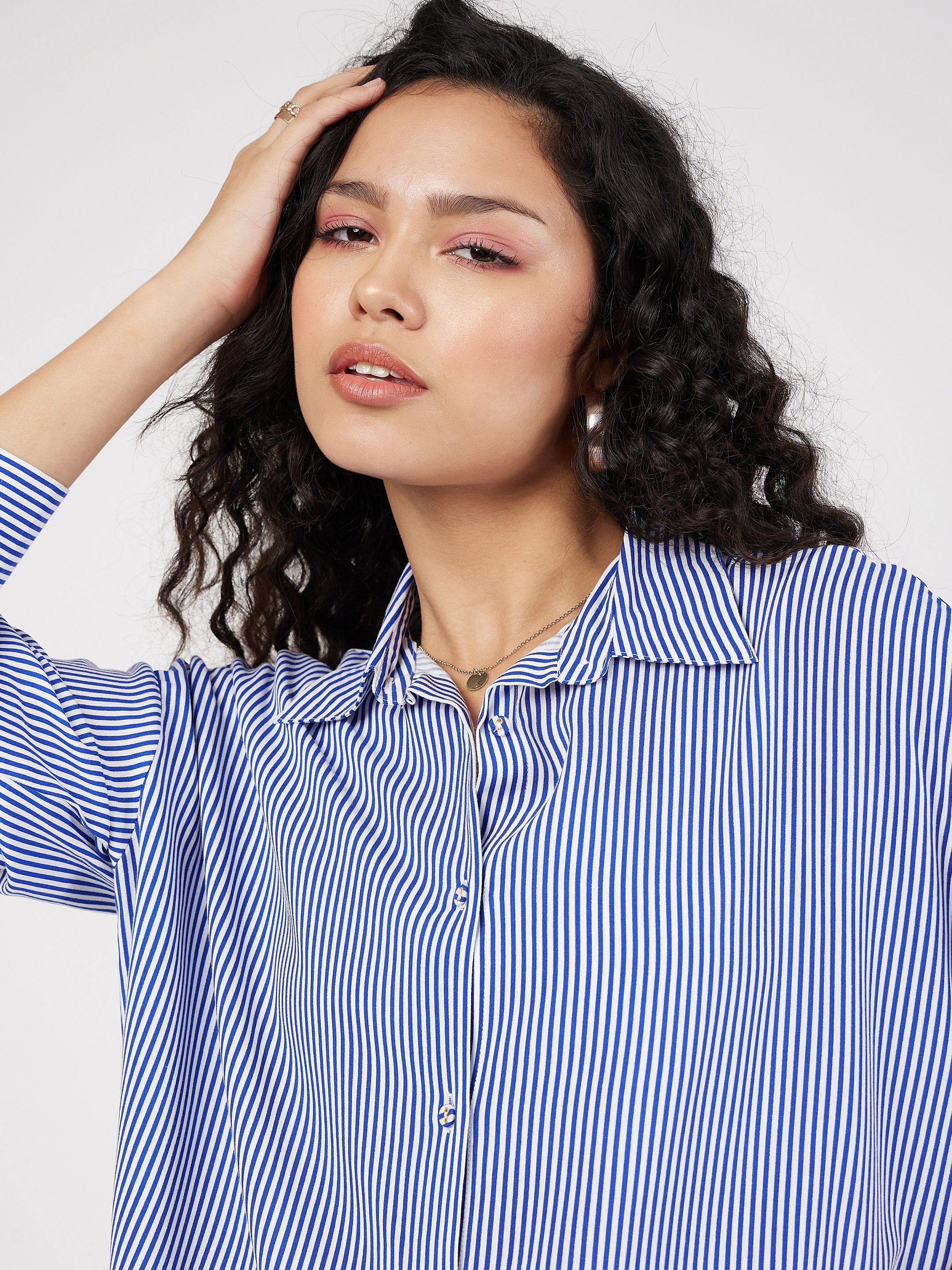 Blue Pinstriped Oversized Long Sleeve Shirt