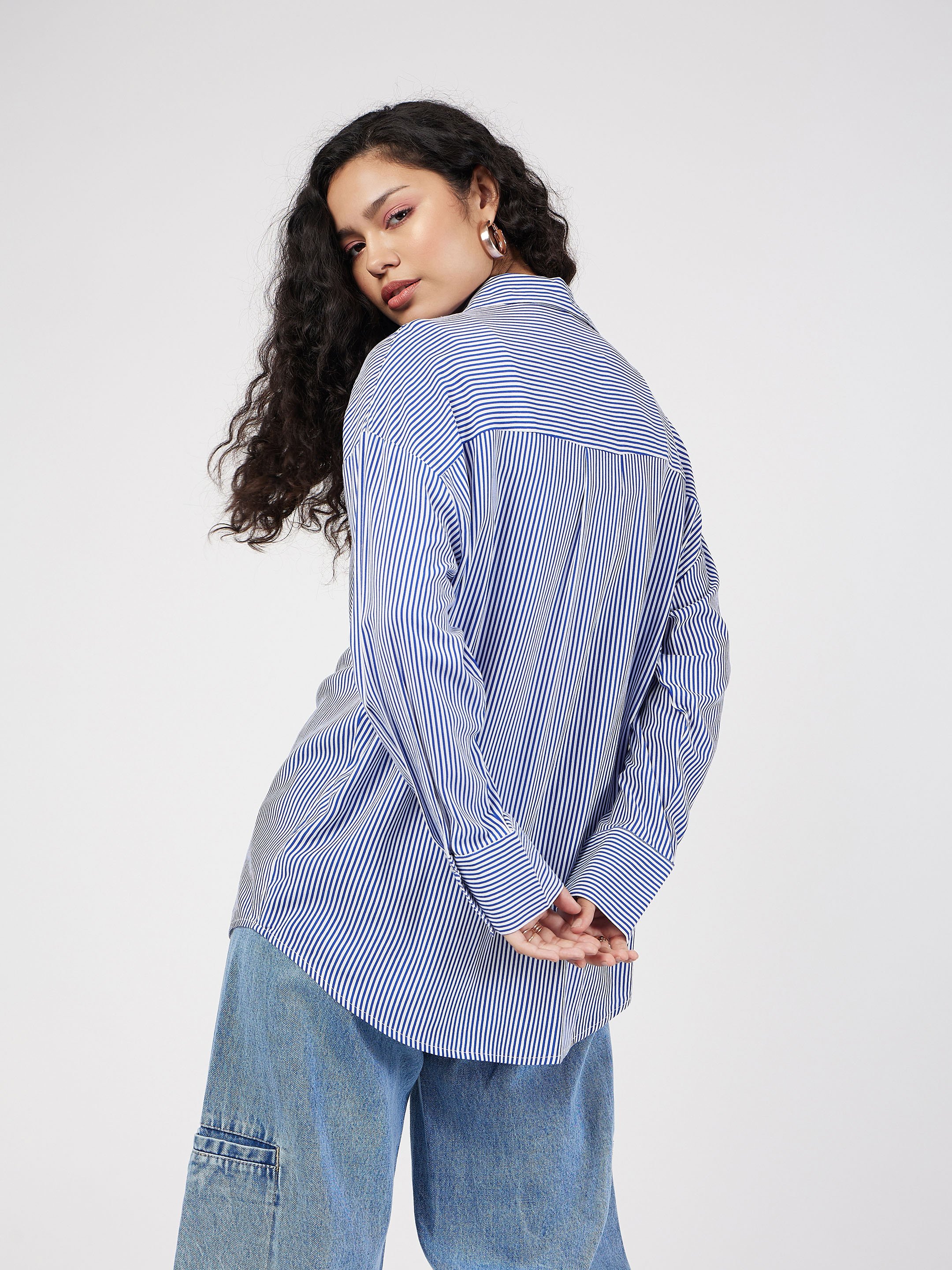Blue Pinstriped Oversized Long Sleeve Shirt