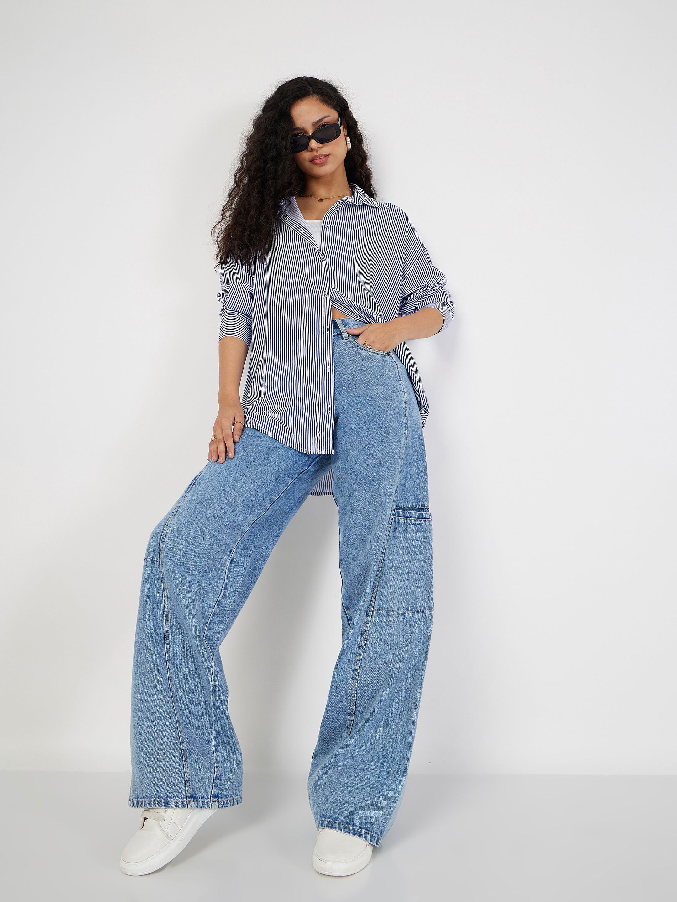 Blue Pinstriped Oversized Long Sleeve Shirt