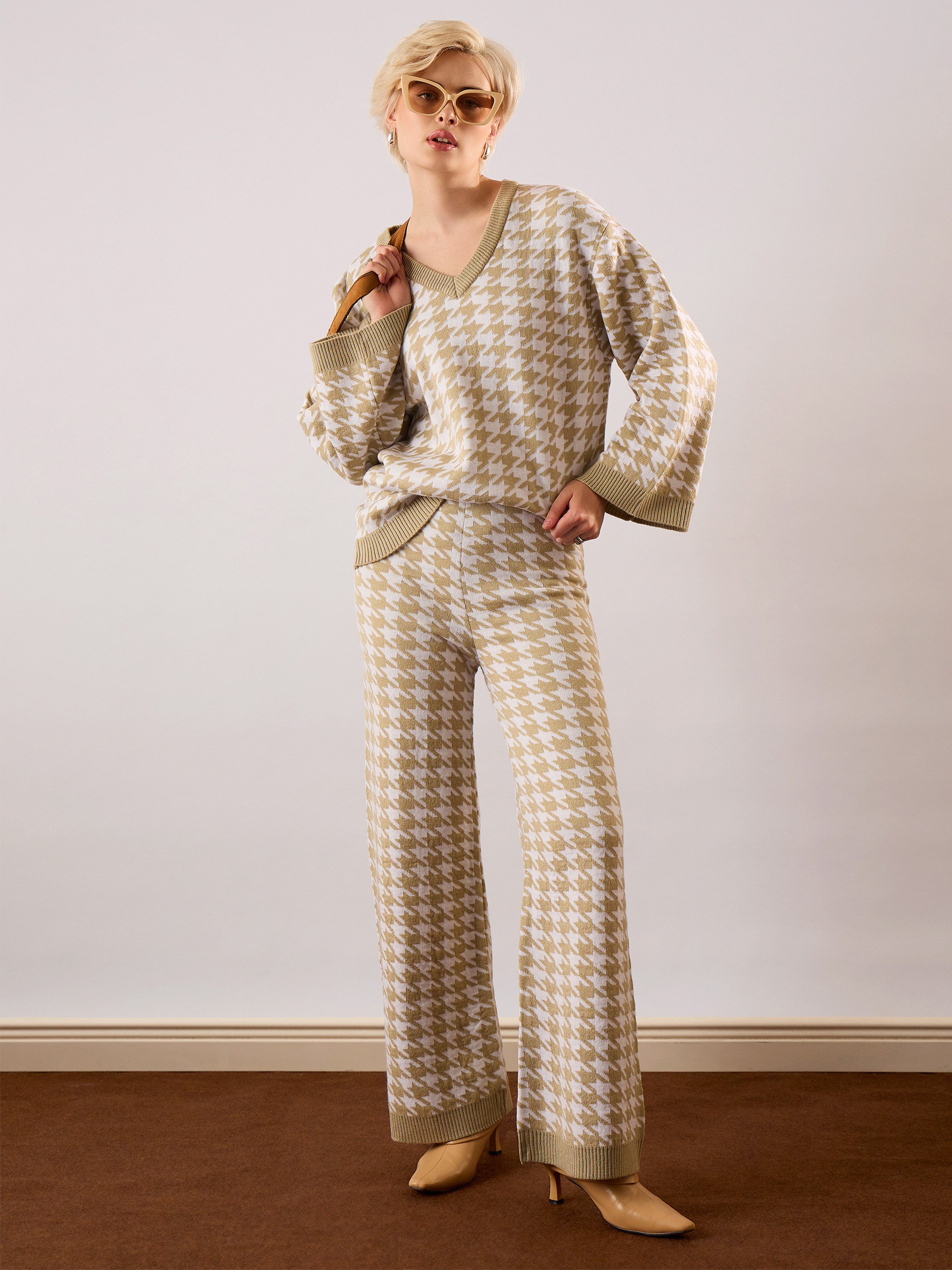Beige Houndstooth Knit V-Neck Sweater and Wide-Leg Pants Set