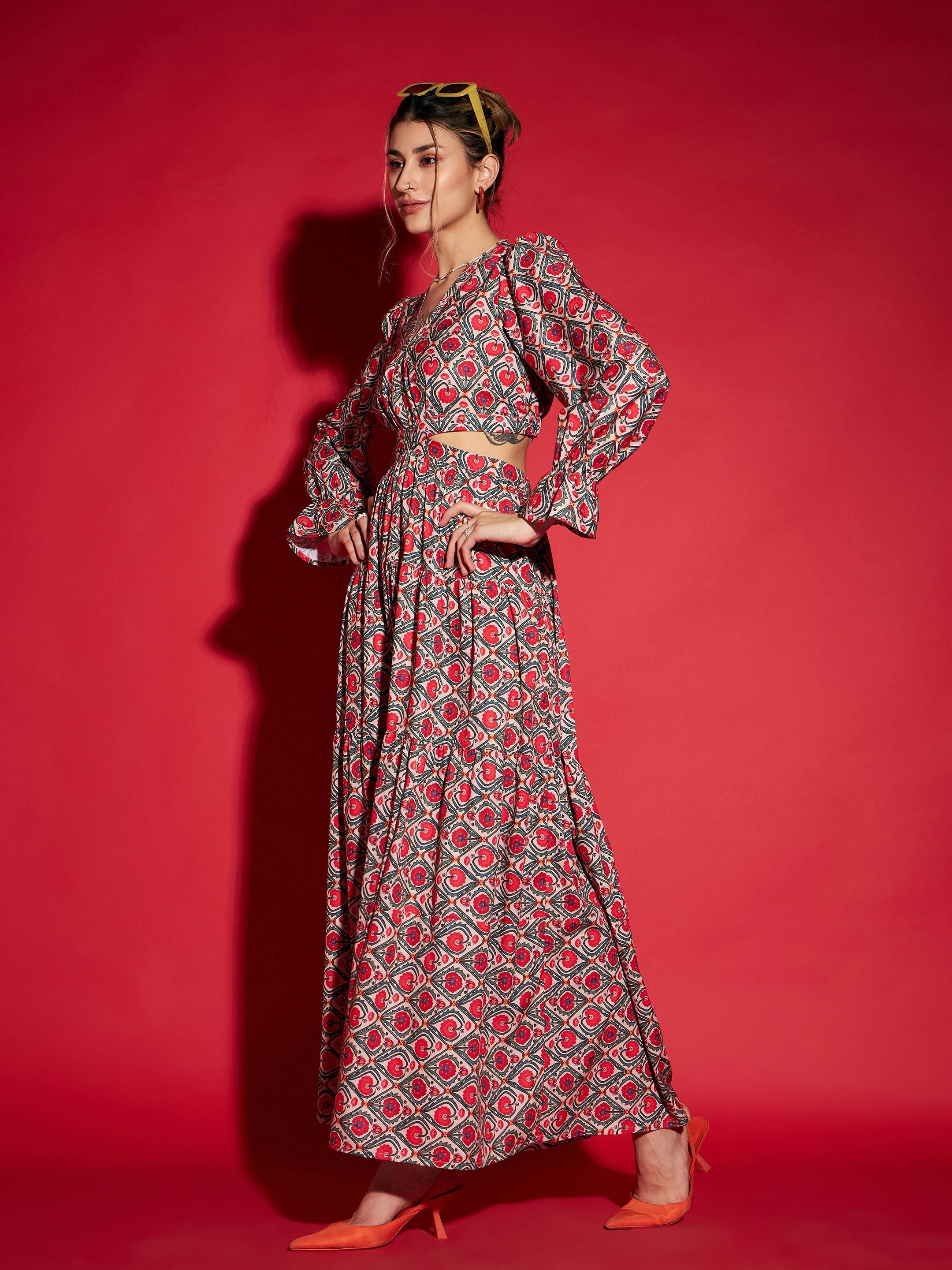 Floral Print Long Sleeve Maxi Dress with Waist Cut-Out